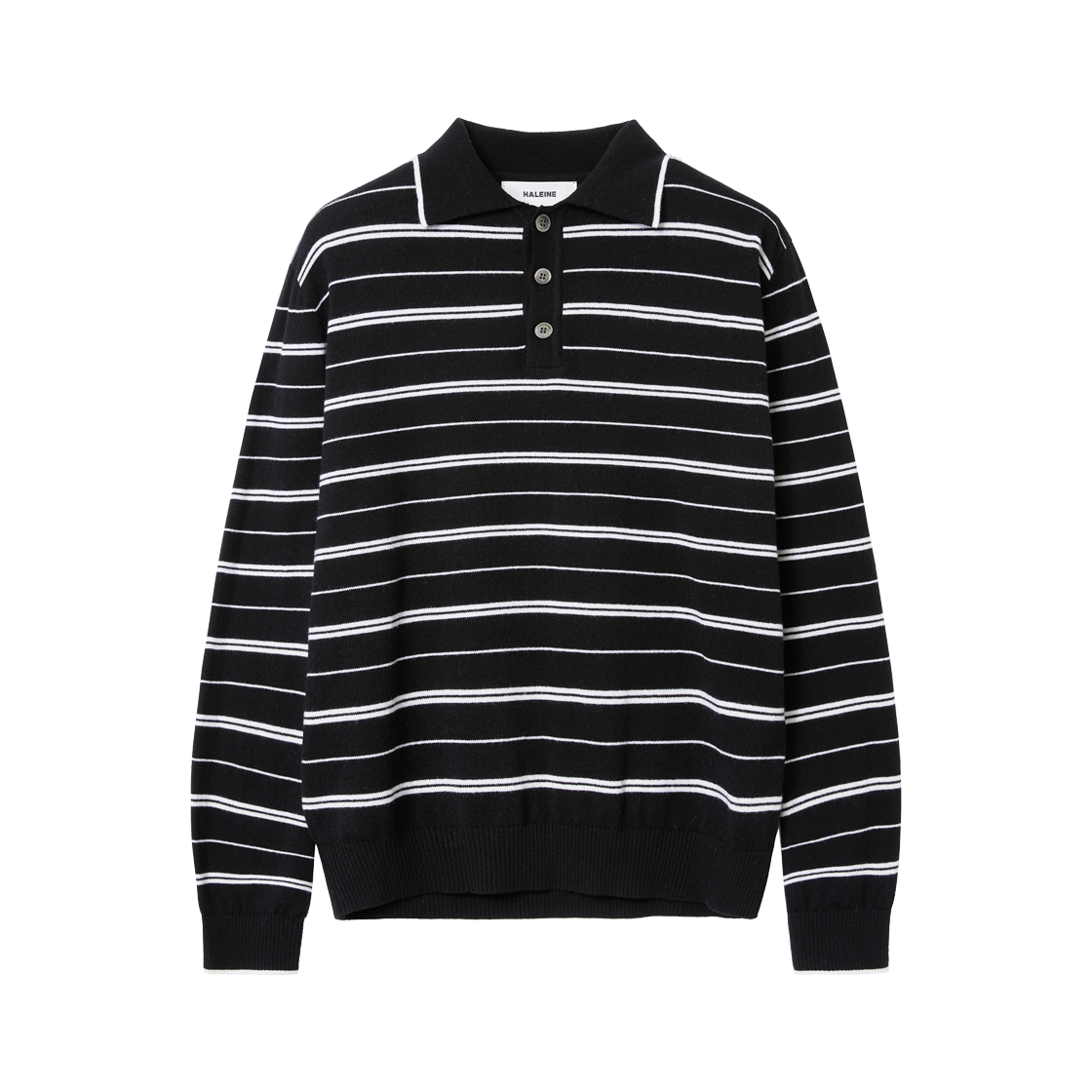알렌느 스트라이프드 울 코튼 폴로 니트 블랙
