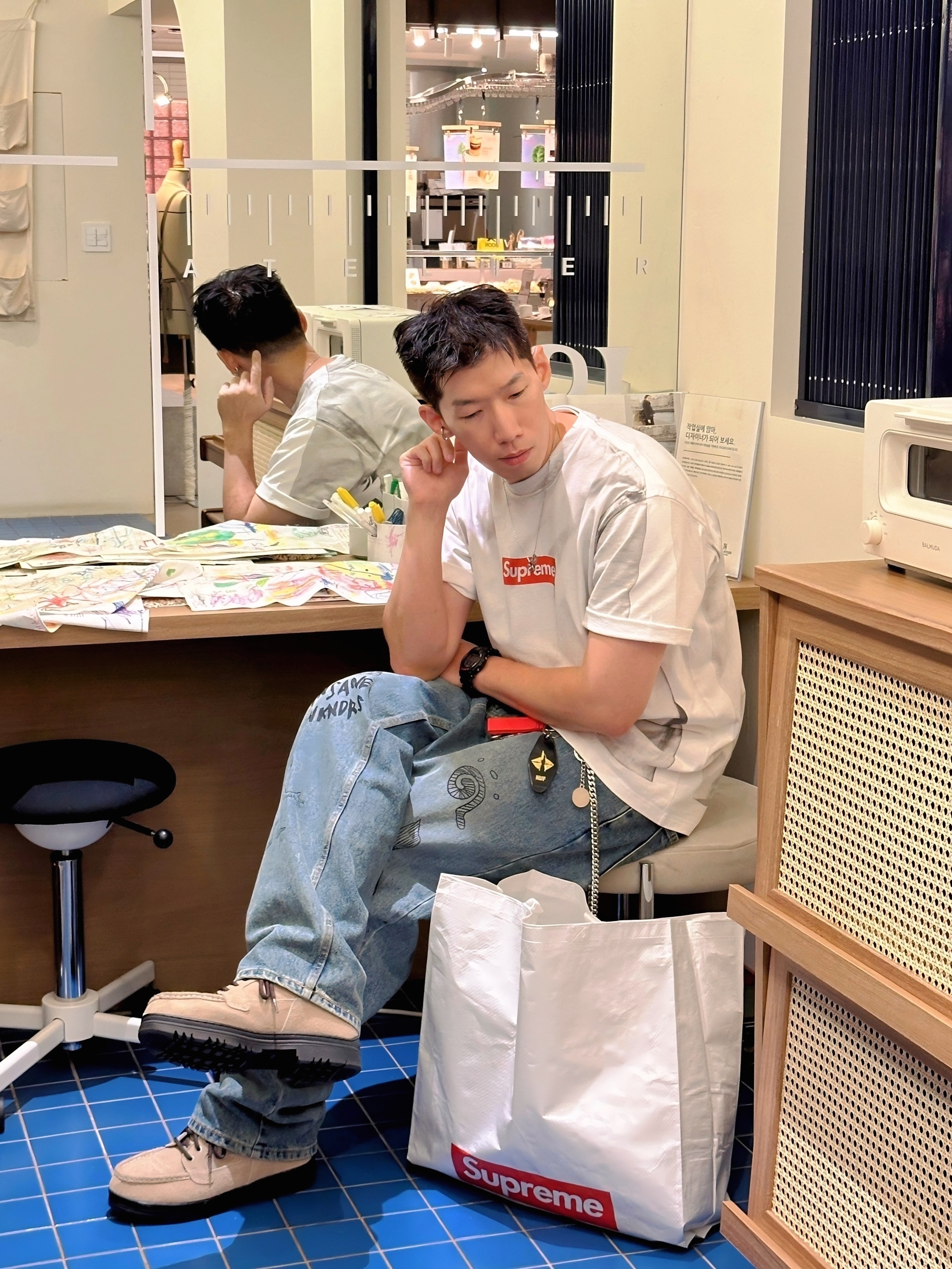 Supreme x MM6 Maison Margiela Box Logo T-Shirt White - 24SS 착용 스타일