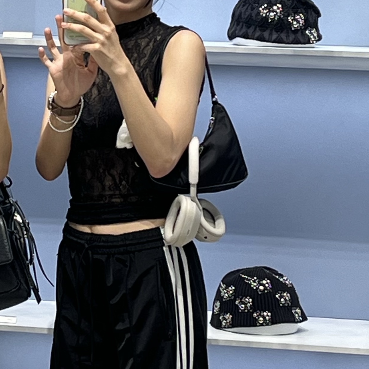 Prada Re-Edition 2005 Re-Nylon Mini Hobo Bag Black, (W) Adidas Originals Firebird Loose Track Pants Black - KR Sizing 착용 스타일 - 2