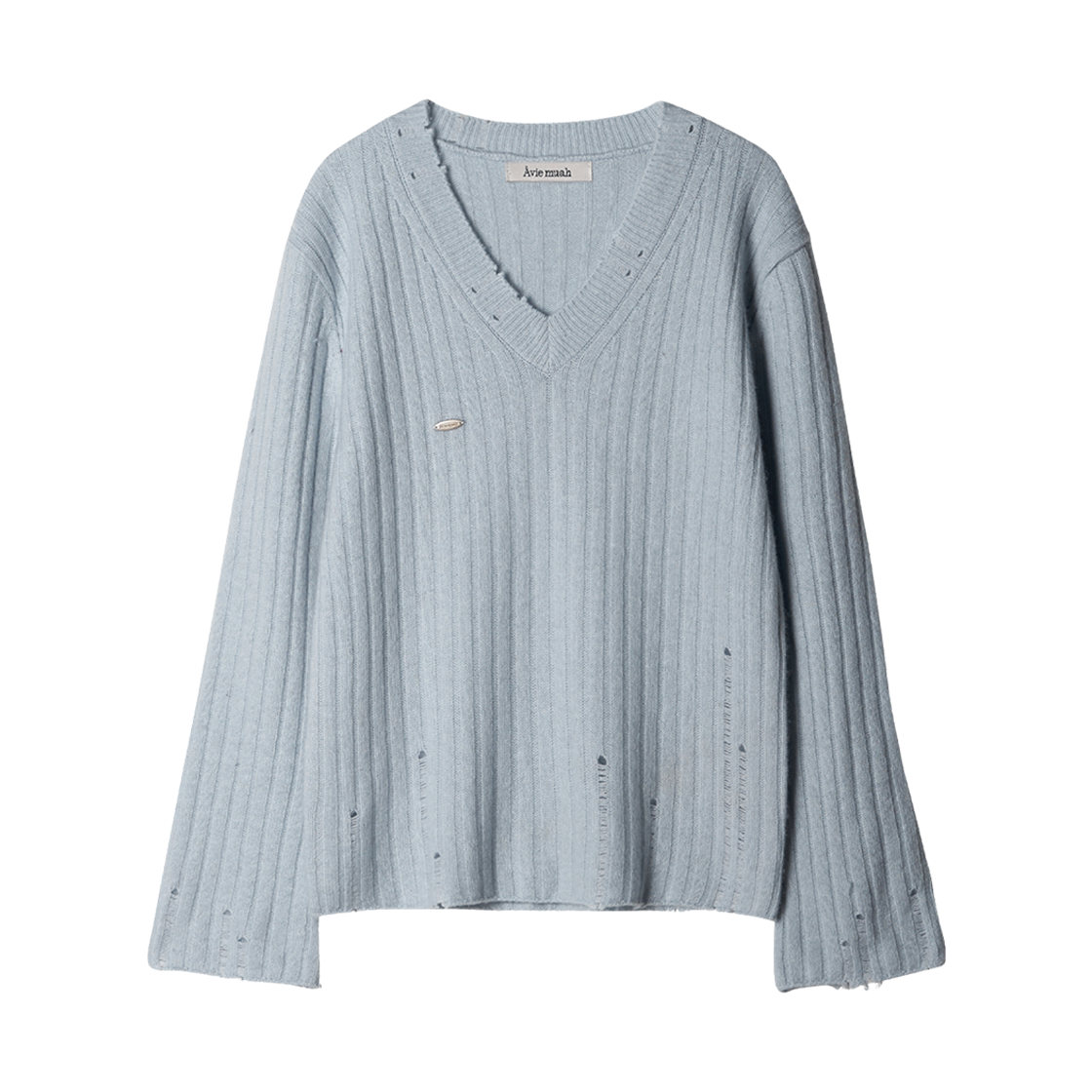 - (W) Aviemuah Distressed Ribbed V-Neck Knit Blue