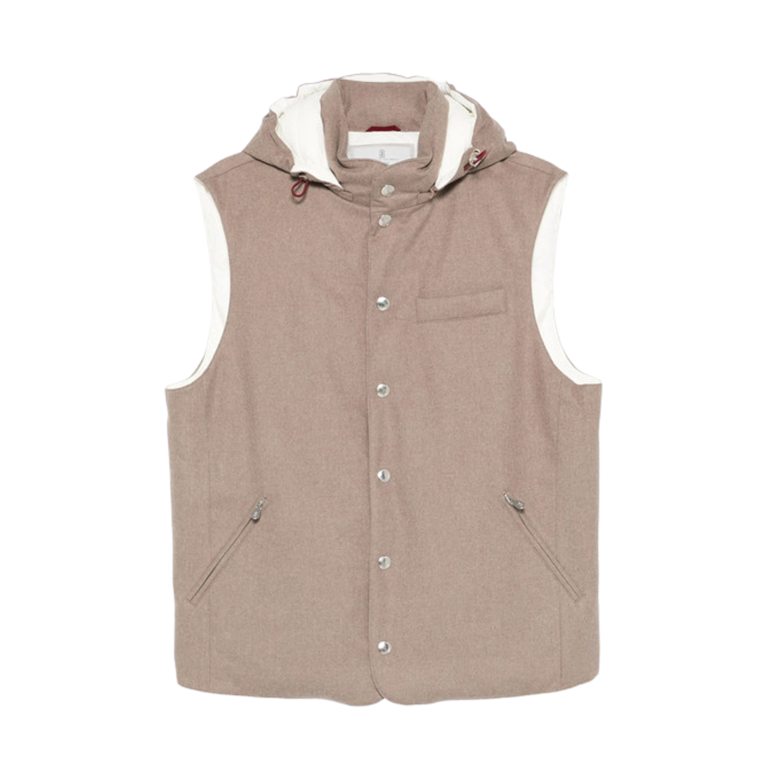 MM4701775-CSV18 Brunello Cucinelli Bonded Wool Flannel Down Vest with Detachable Hood Hazelnut