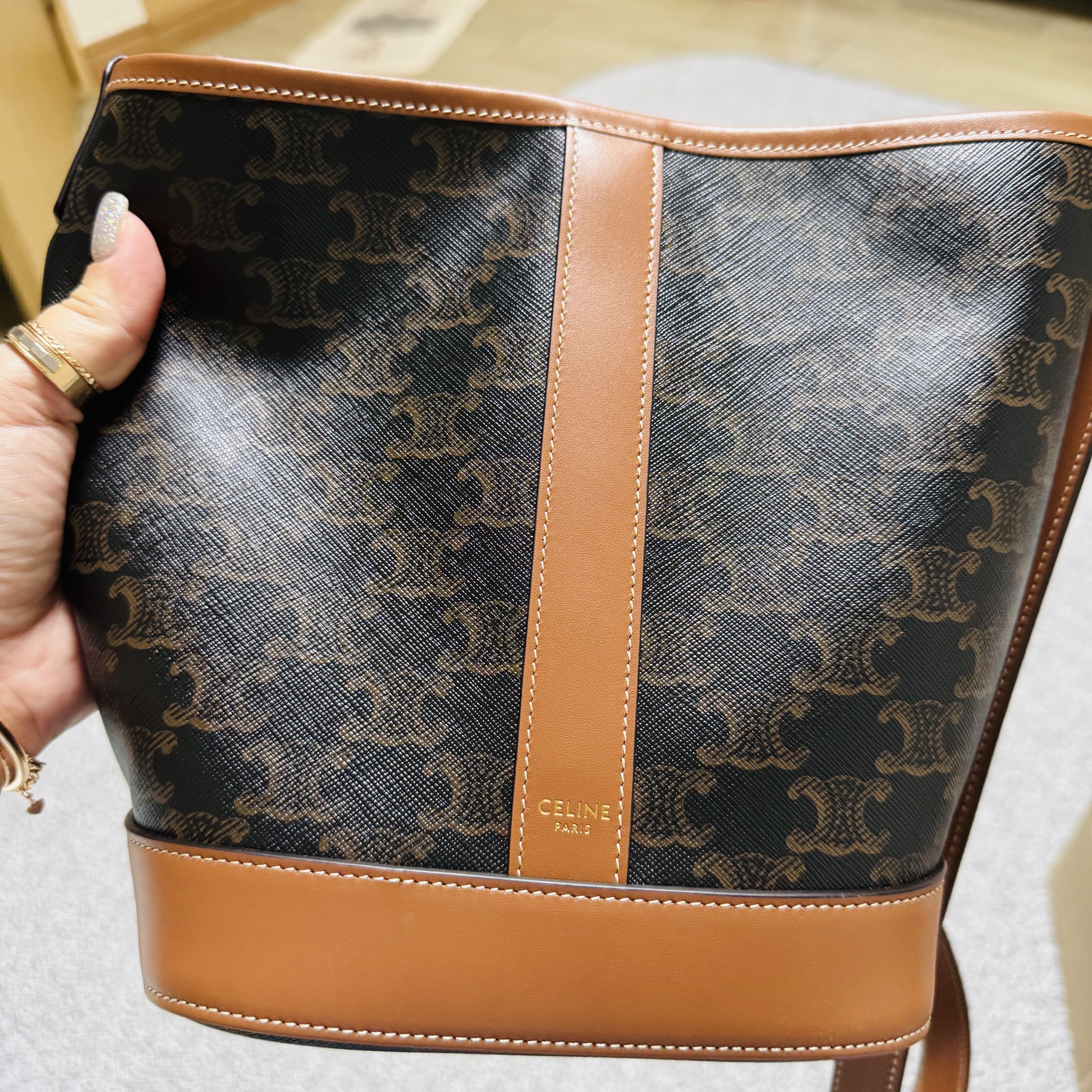 Celine Small Bucket in Triomphe Canvas and Calfskin Tan 착용 스타일