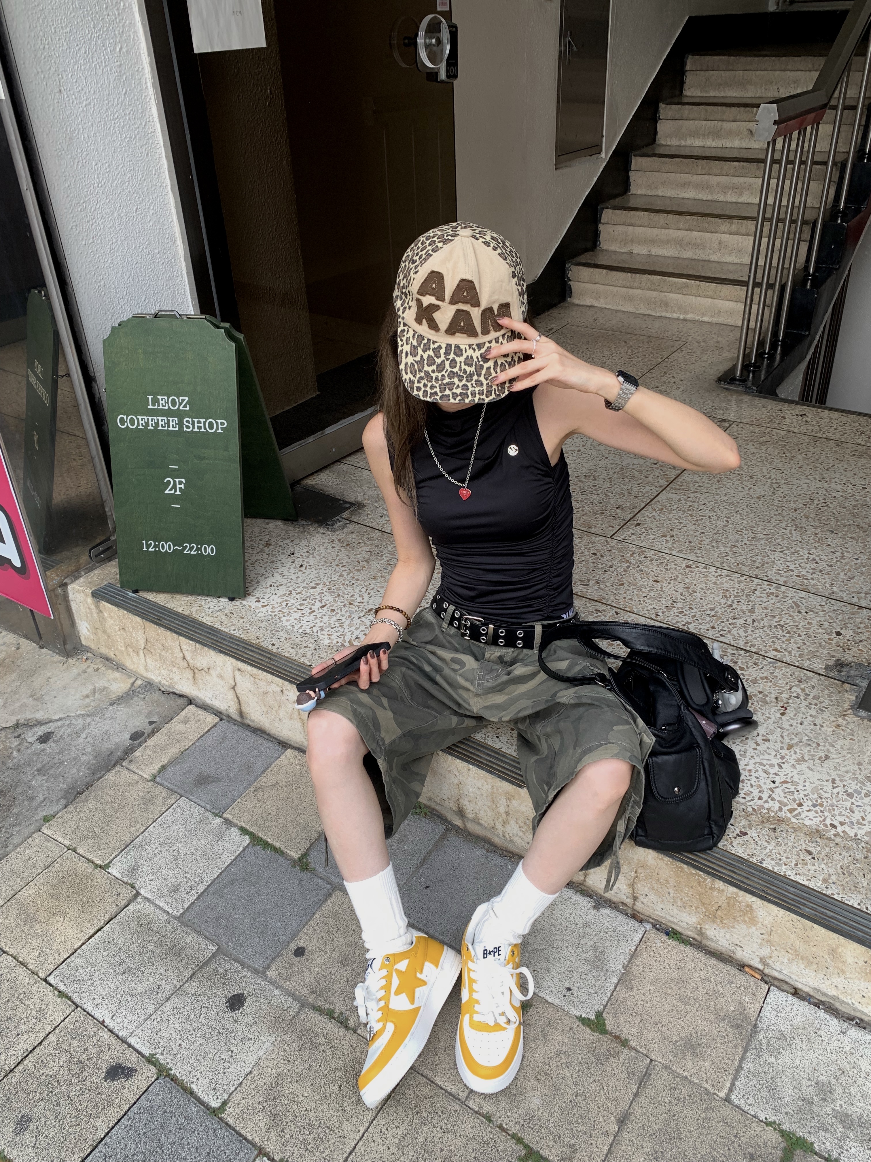 (W) BAPE Sta #3 Orange, Human Made Heart Necklace Red 착용 스타일 - 3
