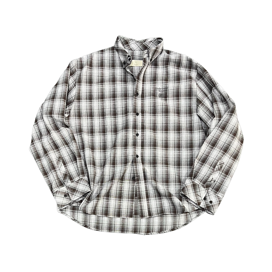 언더마이카 무.137 서클 로고 베이식 롱 슬리브 체크 셔츠 화이트 브라운(Undermycar MU.137 Circle Logo Basic Long Sleeve Check Shirts White Brown)