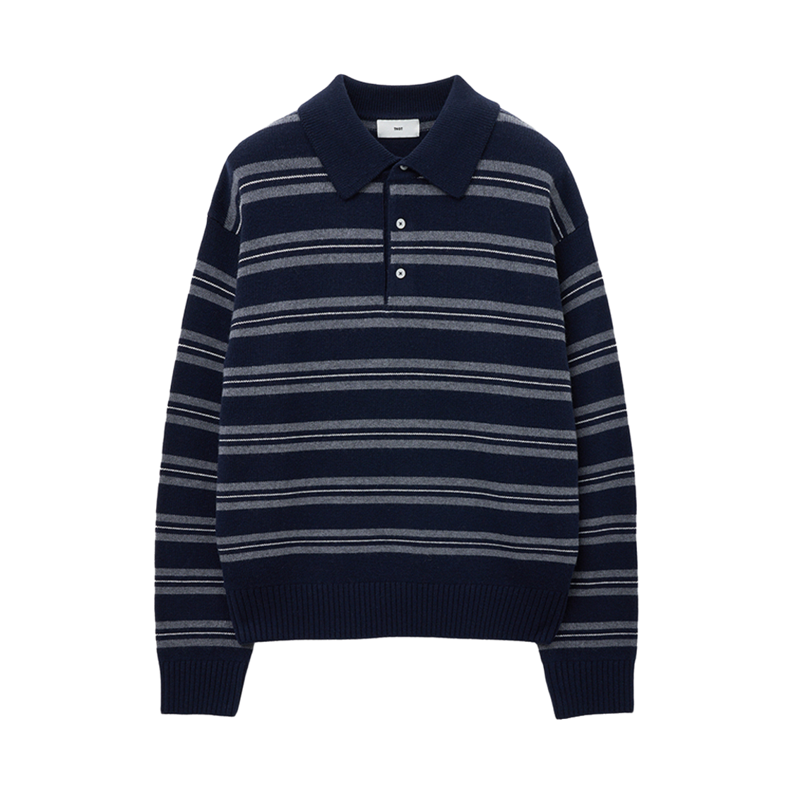 TNSW5F112N2 TNGT Oversized Stripe Polo Knit Top Navy