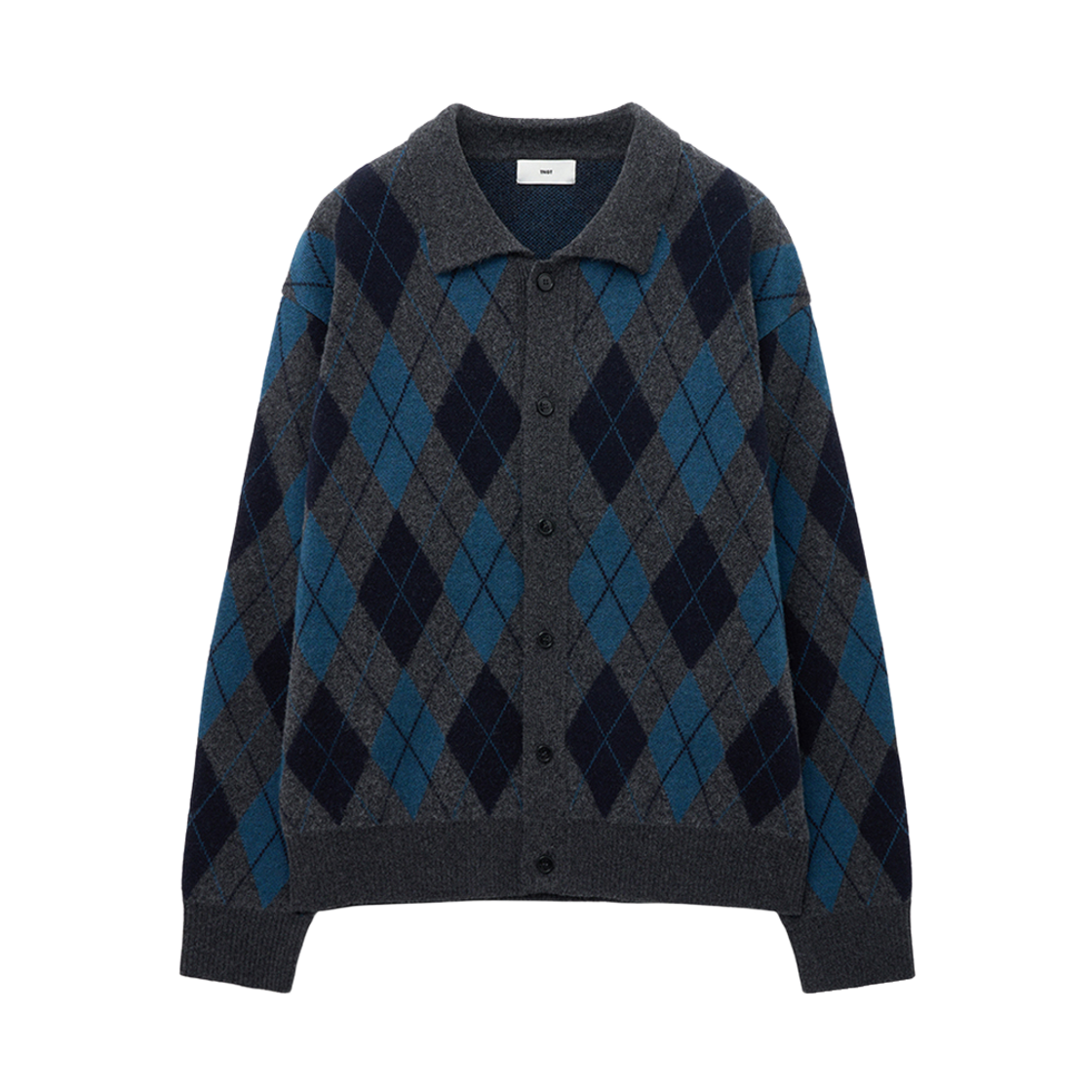 티엔지티 울 블렌디드 아가일 폴로 가디건 다크 그레이(TNGT Wool Blend Argyle Polo Cardigan Dark Grey)
