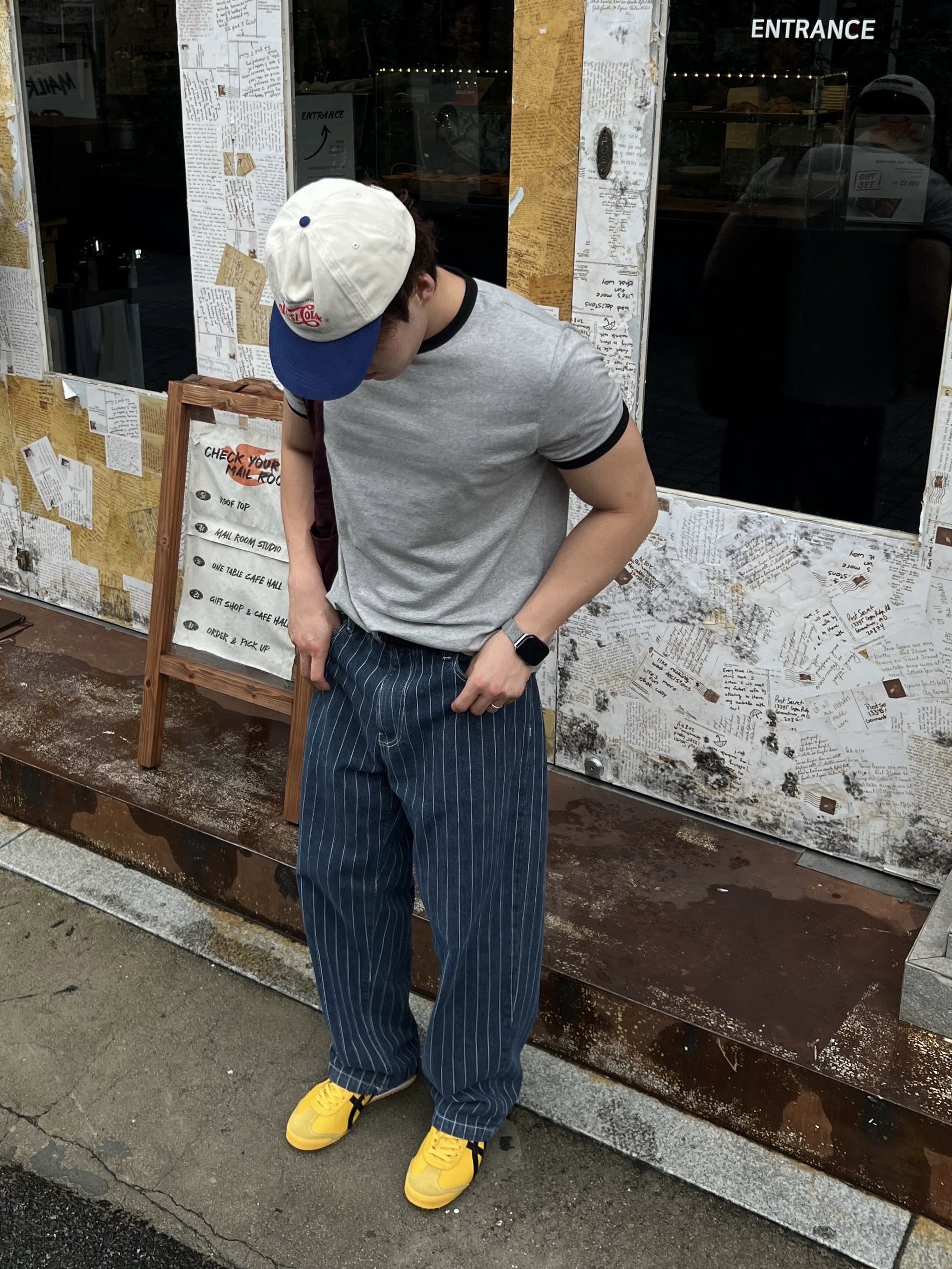 Onitsuka Tiger Mexico 66 Yellow Black, Carhartt WIP Orlean Stripe Pants Blue White Stone Washed 착용 스타일 - 8
