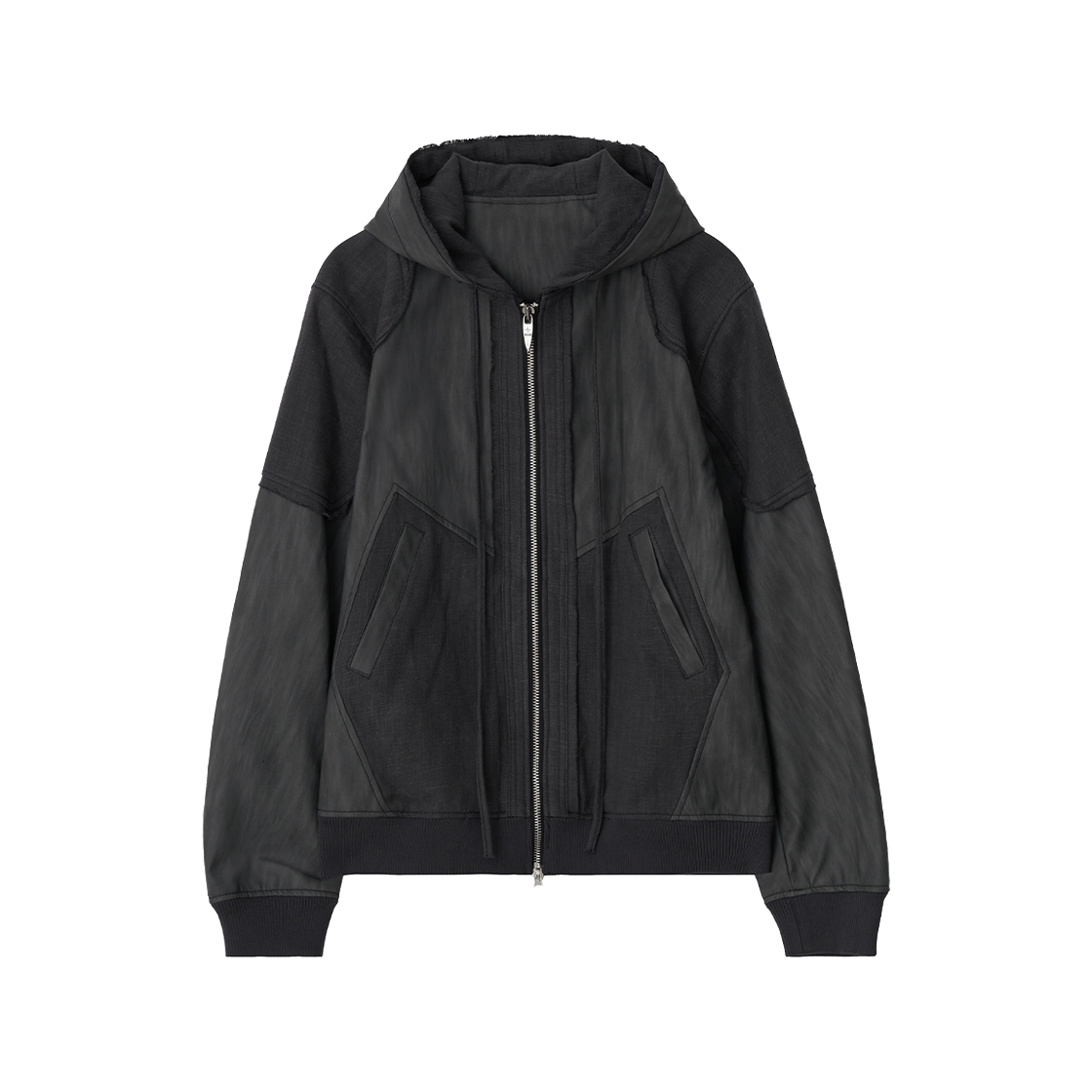 BLRBLUER25FWHZ01 BLR Destroyed Leather and Linen Hoodie Zip-up Jacket