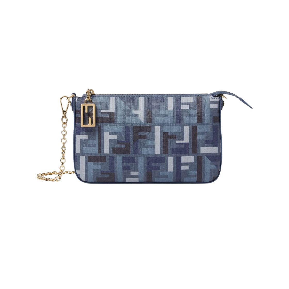 8BS073AV1YF1LAZ Fendi FF Fabric Baguette Pouch with Chain Blue