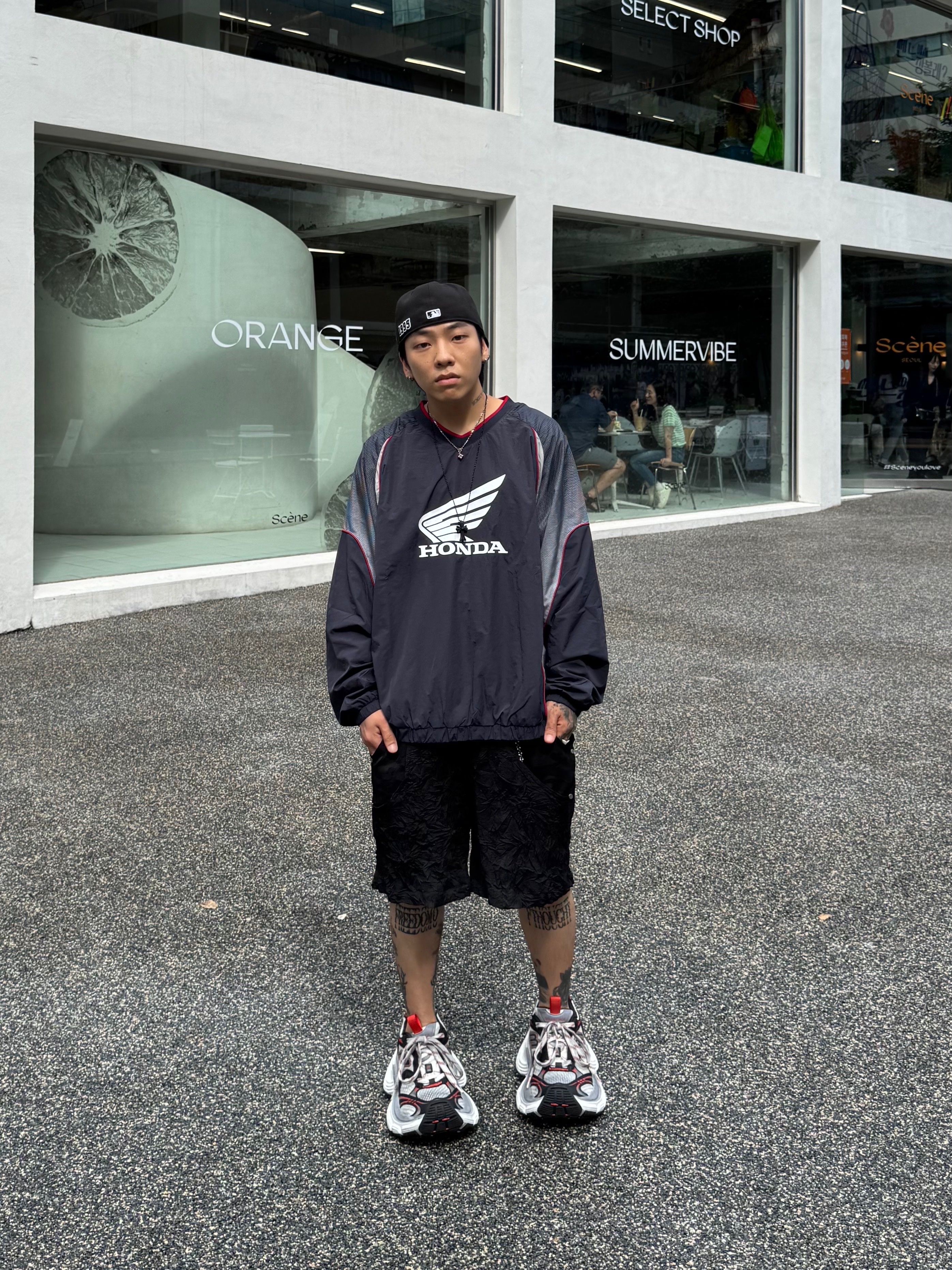 Honda Speed Track Nylon Long Sleeve Navy, Wapworks Crease Baggy Shorts 착용 스타일 - 2
