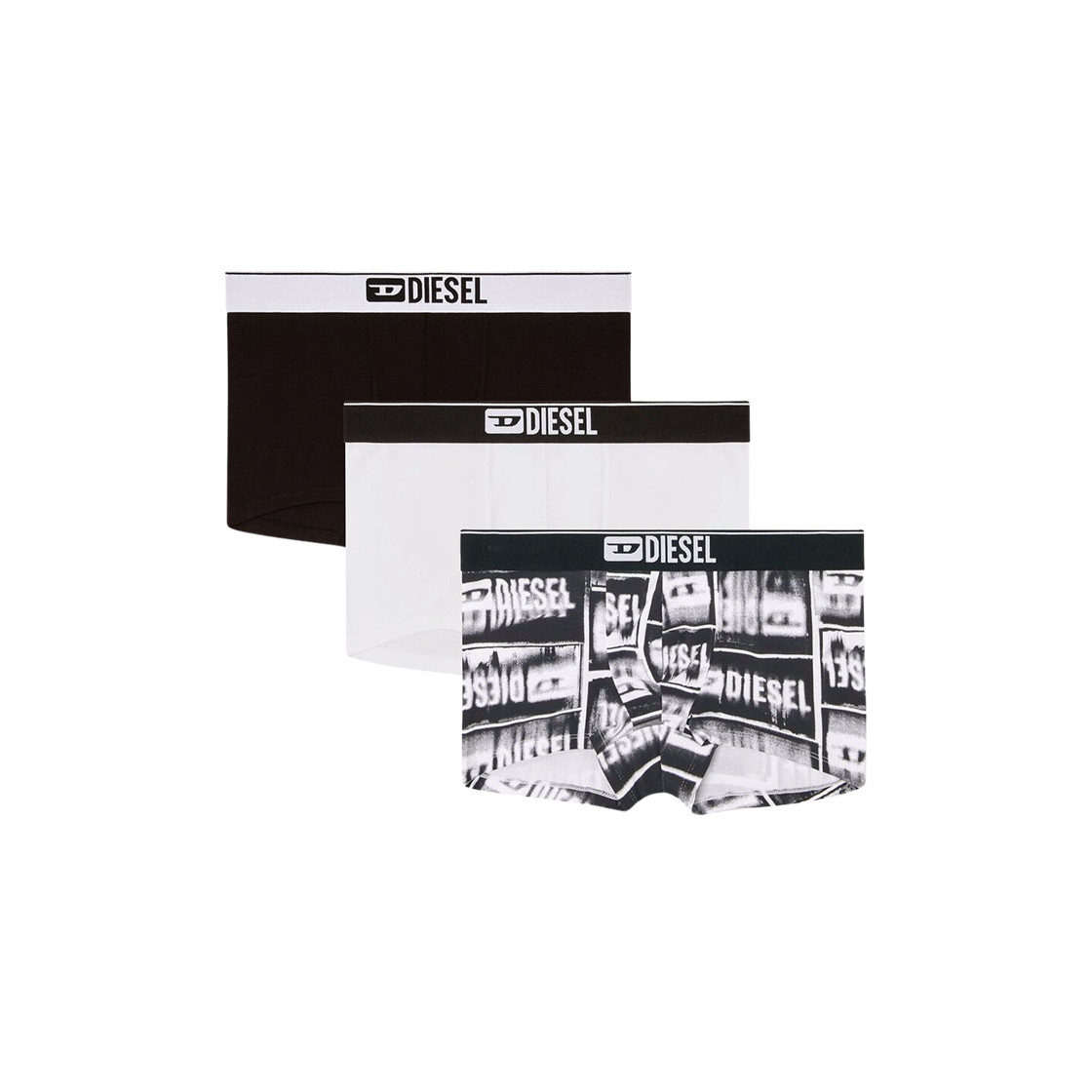 A193910DLBF-E7322 Diesel Damien-D Boxer Briefs in Stretch Cotton White Black (3 Pack)