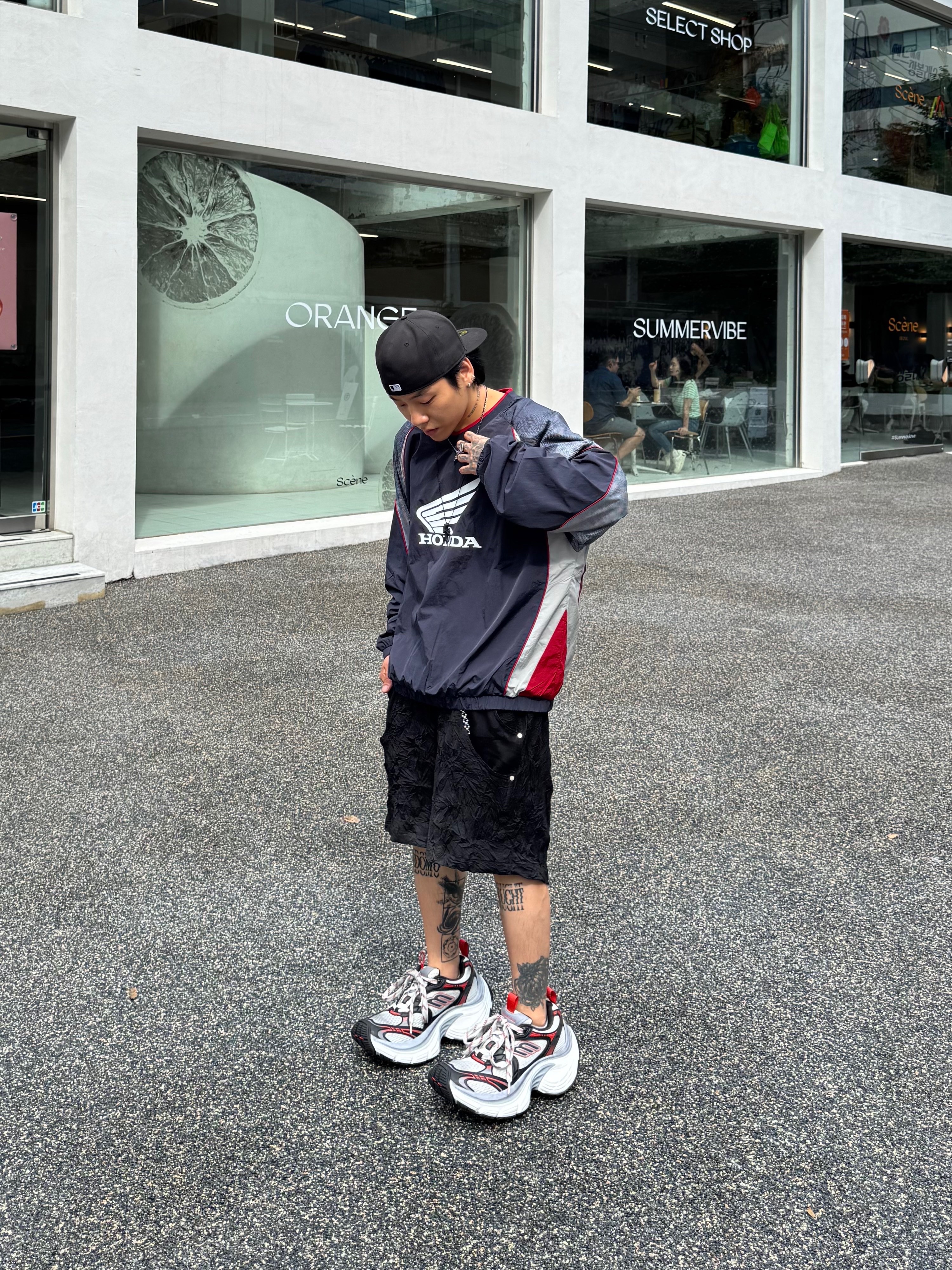 Honda Speed Track Nylon Long Sleeve Navy, Wapworks Crease Baggy Shorts 착용 스타일 - 1