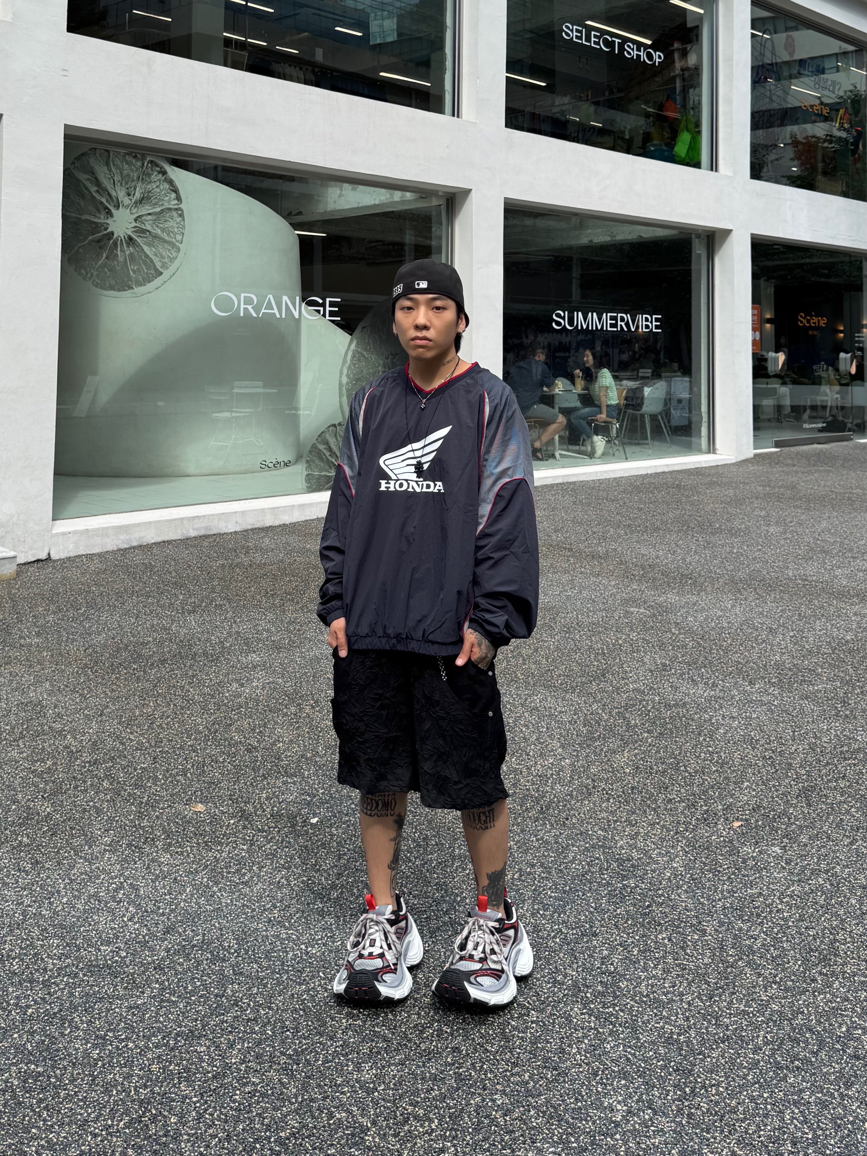 Honda Speed Track Nylon Long Sleeve Navy, Wapworks Crease Baggy Shorts 착용 스타일 - 6