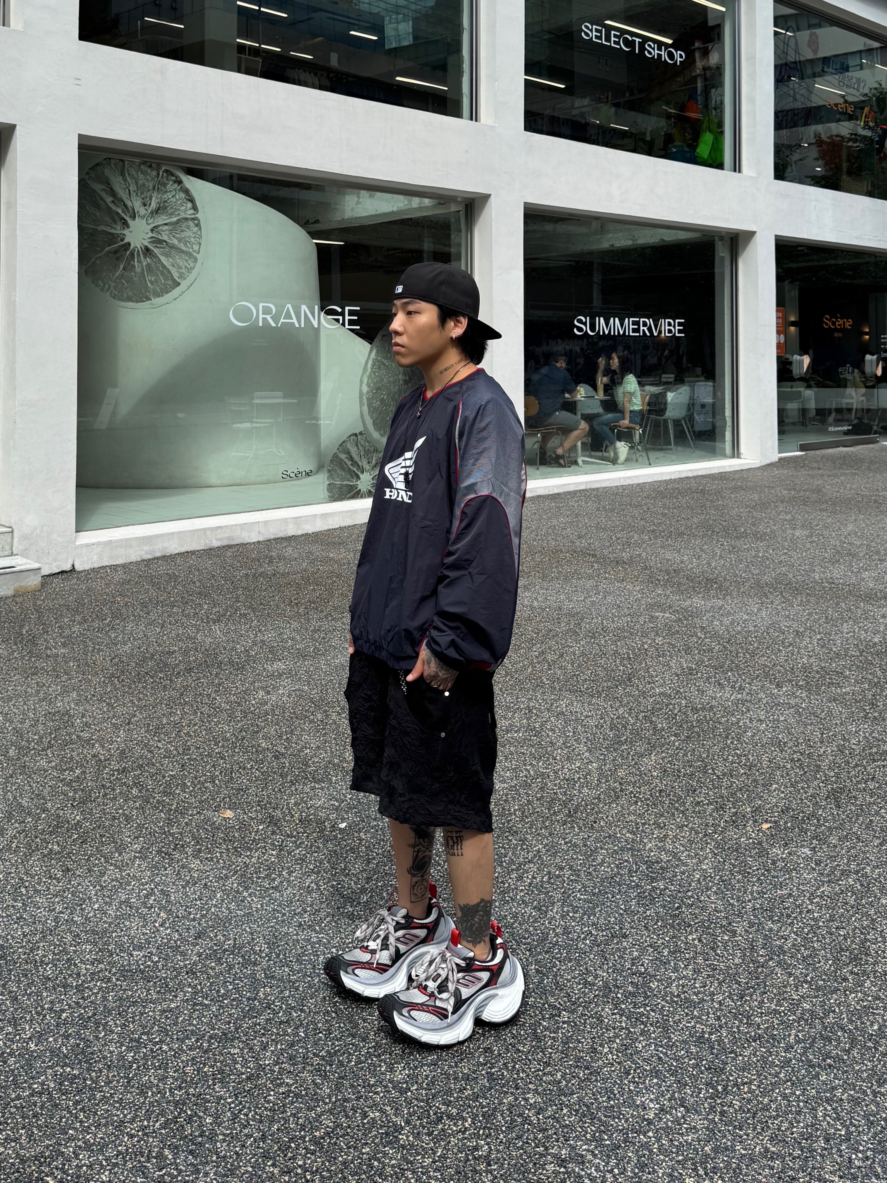 Honda Speed Track Nylon Long Sleeve Navy, Wapworks Crease Baggy Shorts 착용 스타일 - 3