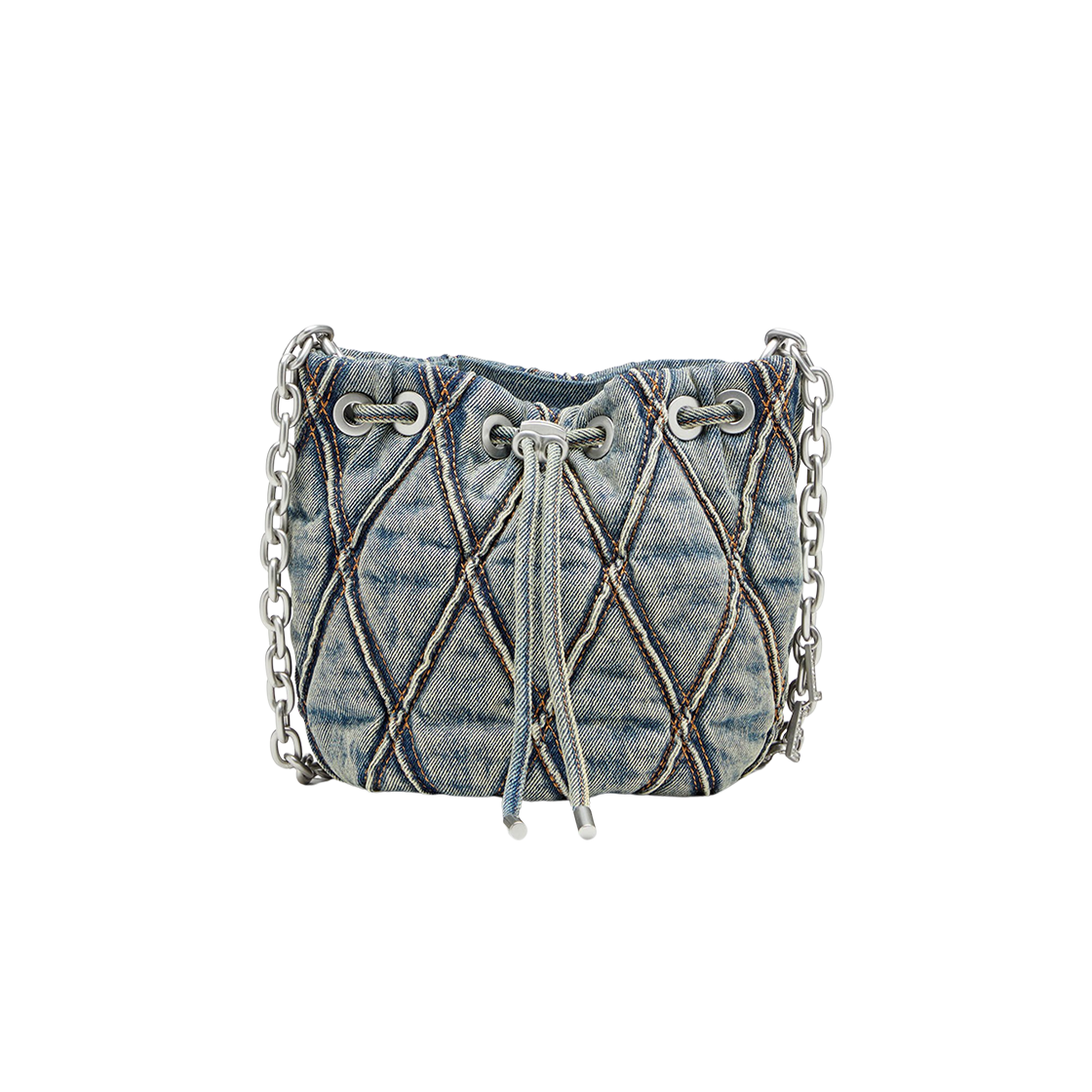 디젤 참-D S-미니 아가일 퀼티드 데님 버킷백 블루(Diesel Charm-D S-Mini Bucket Bag in Argyle Quilted Denim Blue)
