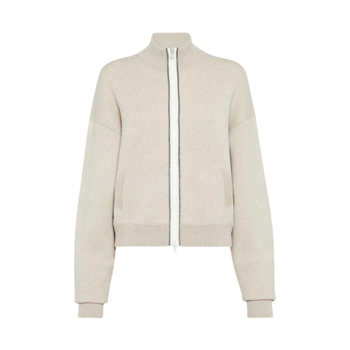 M12119416-CHY49 (W) Brunello Cucinelli Monili Wool Zipped Cardigan Light Beige