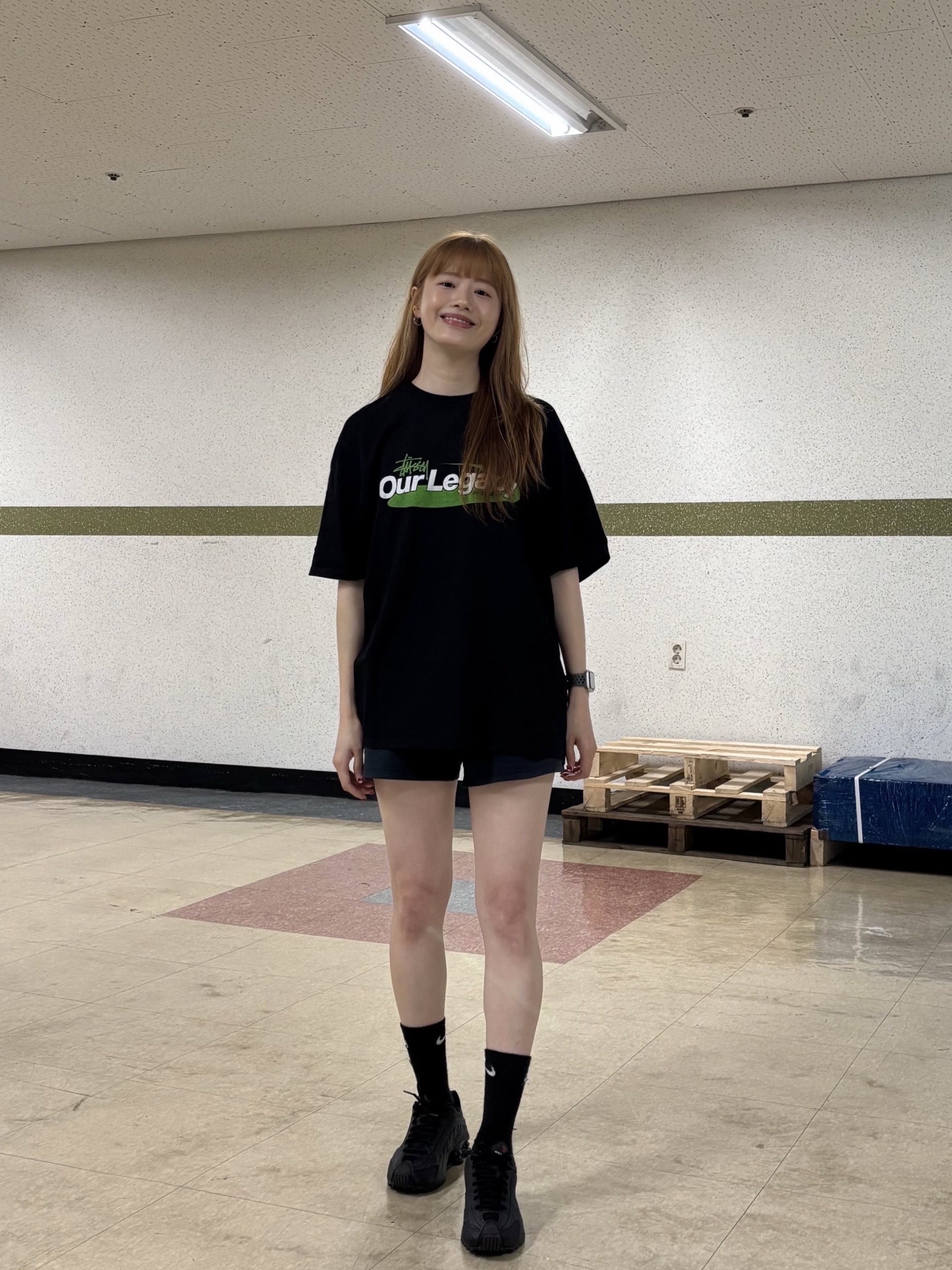 Stussy x Our Legacy Work Shop Swirl Pigment Dyed T-Shirt Black, (W) Nike Shox R4 Black 착용 스타일 - 3