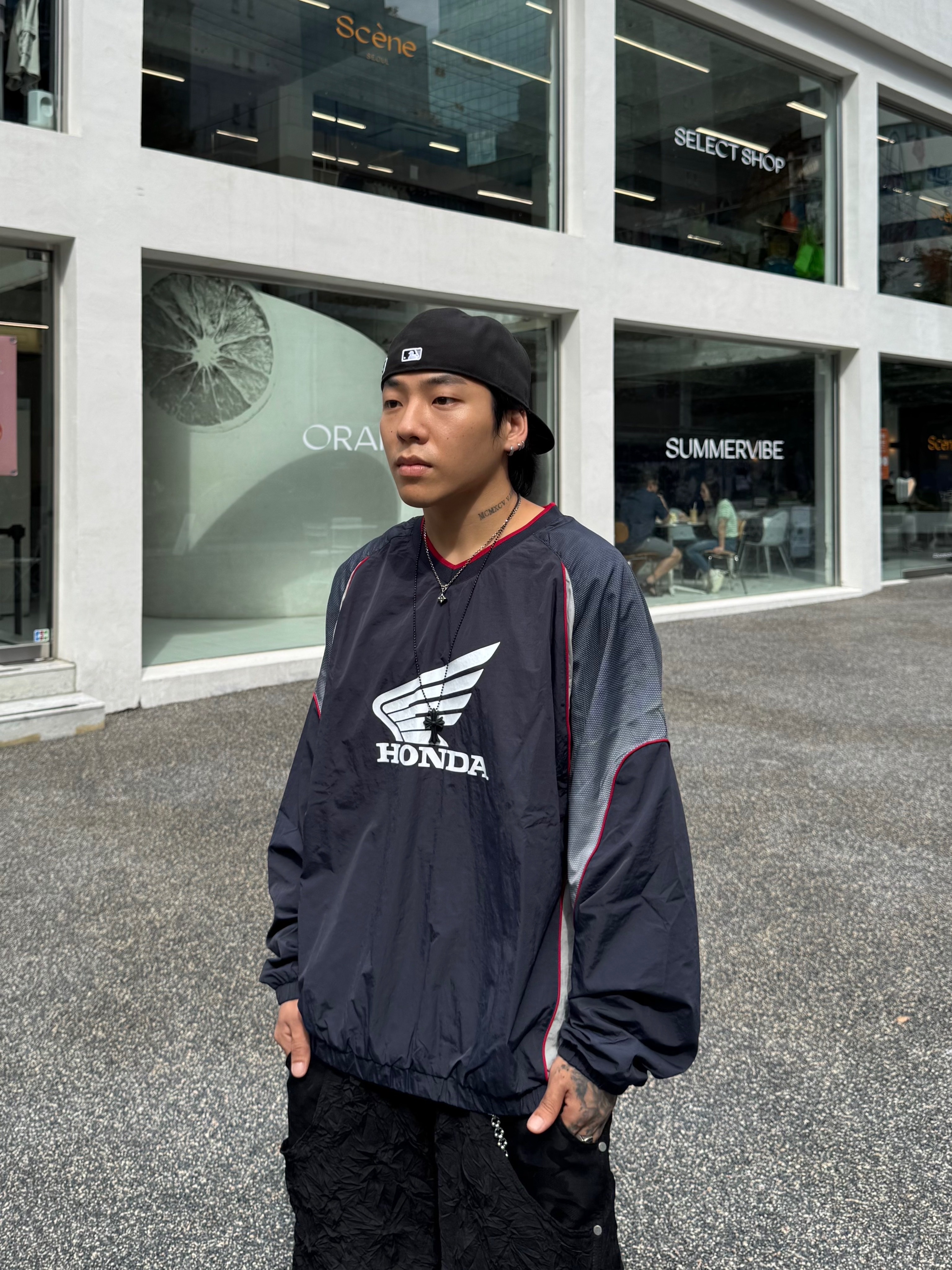 Honda Speed Track Nylon Long Sleeve Navy, Wapworks Crease Baggy Shorts 착용 스타일 - 9