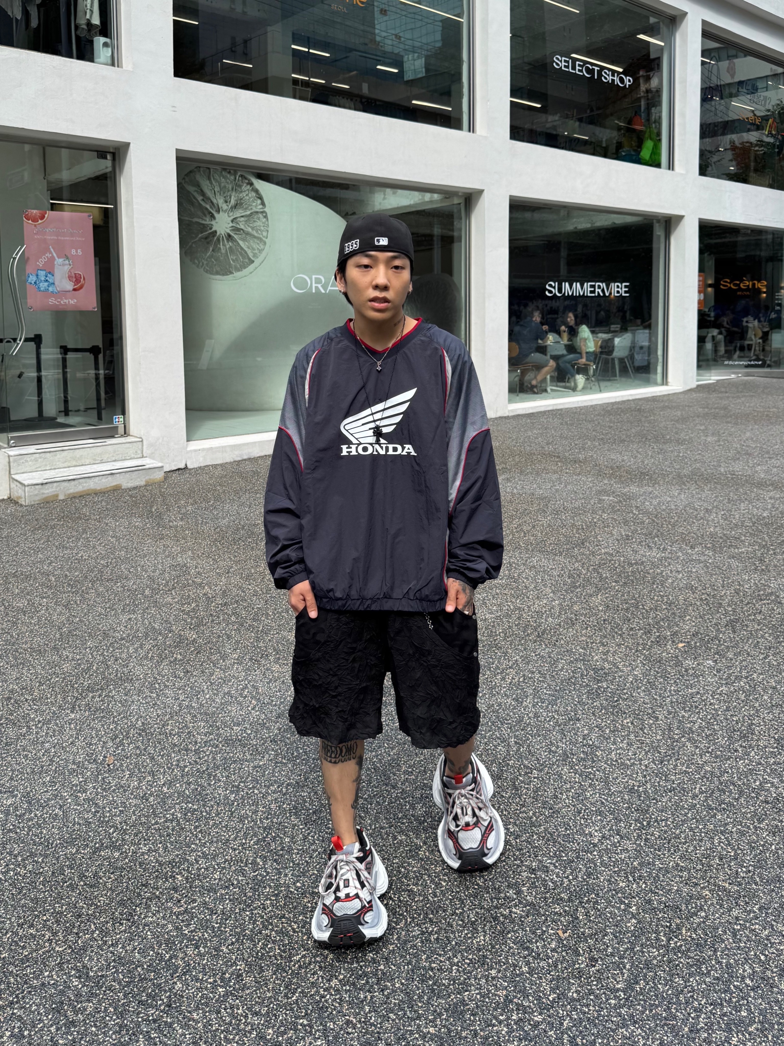 Honda Speed Track Nylon Long Sleeve Navy, Wapworks Crease Baggy Shorts 착용 스타일 - 5