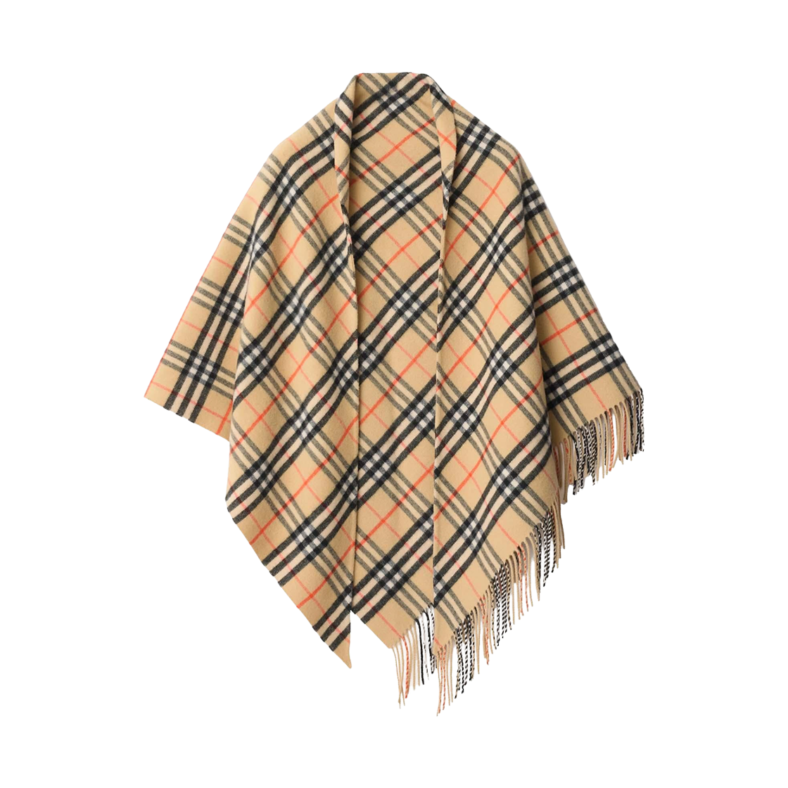 8113128 (W) Burberry Check Pattern Fringed Cape Sand