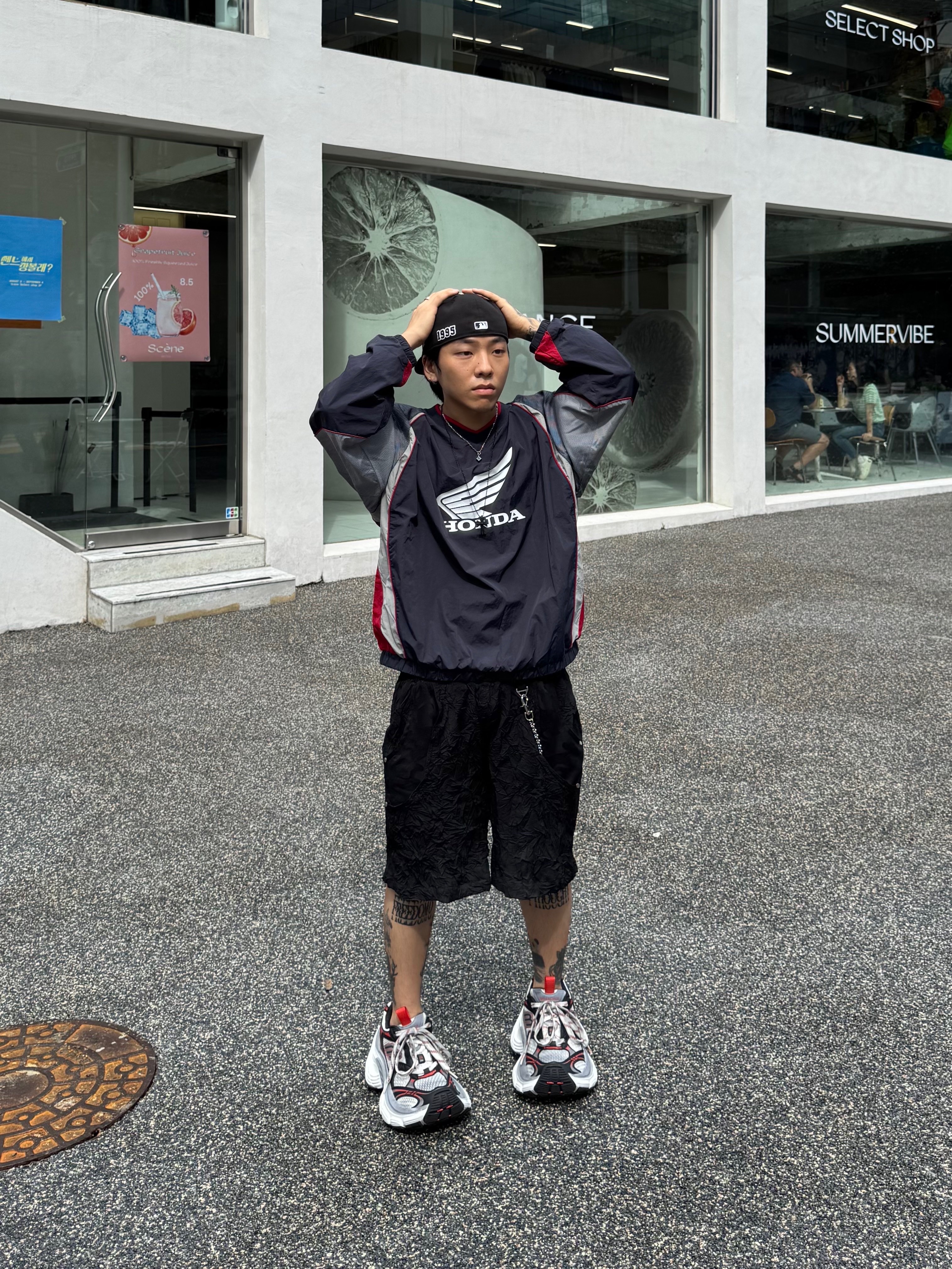 Honda Speed Track Nylon Long Sleeve Navy, Wapworks Crease Baggy Shorts 착용 스타일 - 4