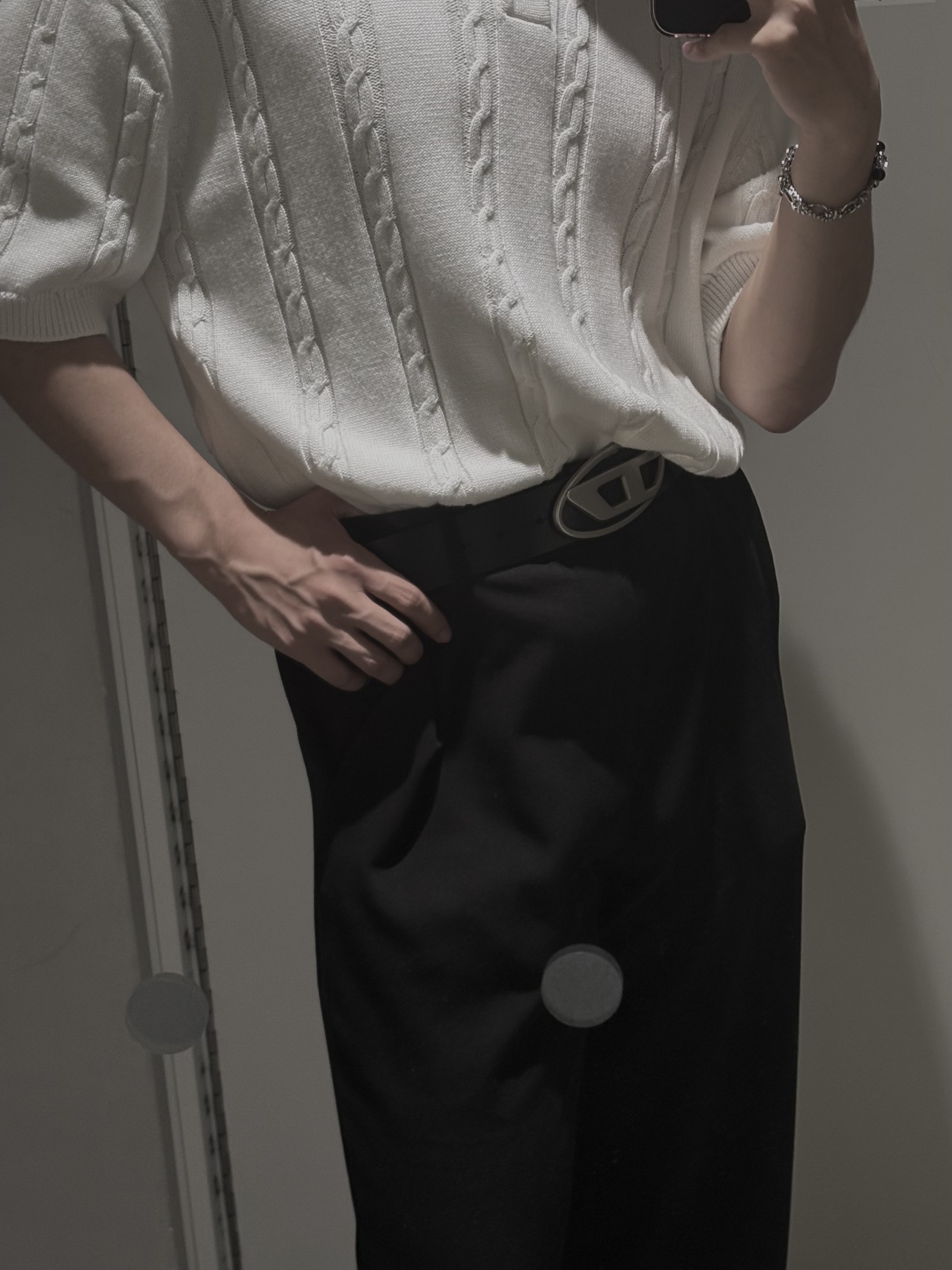 Diesel B-1DR Leather Belt with D Buckle Black, Ader Error Sig; TRS Tag Jeans 02 Noir 착용 스타일 - 1