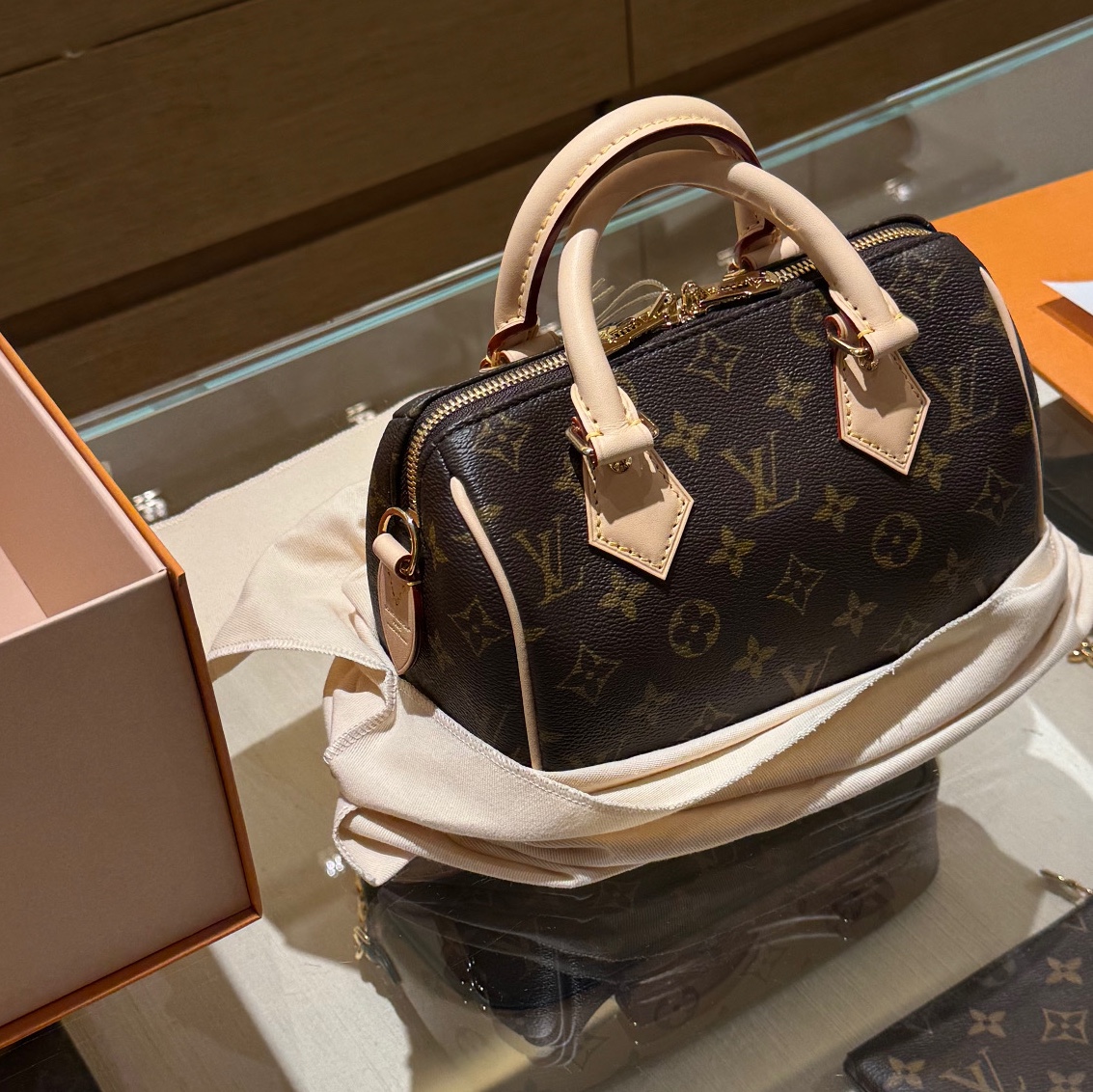 Louis Vuitton Speedy Bandouliere 20 Monogram Beige 착용 스타일 - 1