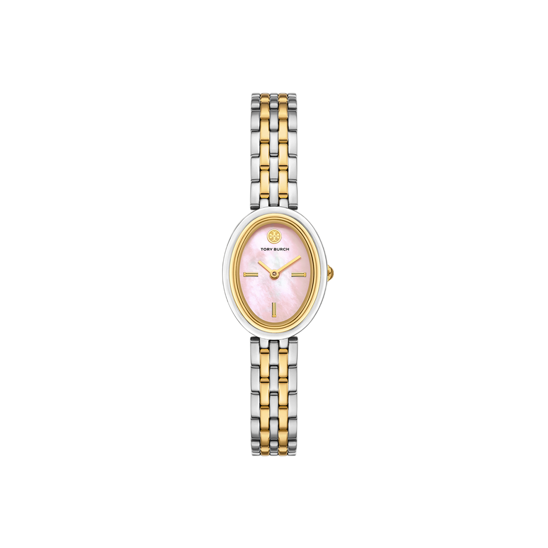 (W) 토리버치 오벌 스테인리스 스틸 시계 투톤 라이트 핑크 모프((W) Tory Burch Oval Stainless Steel Watch Two-Tone Light Pink Mop)