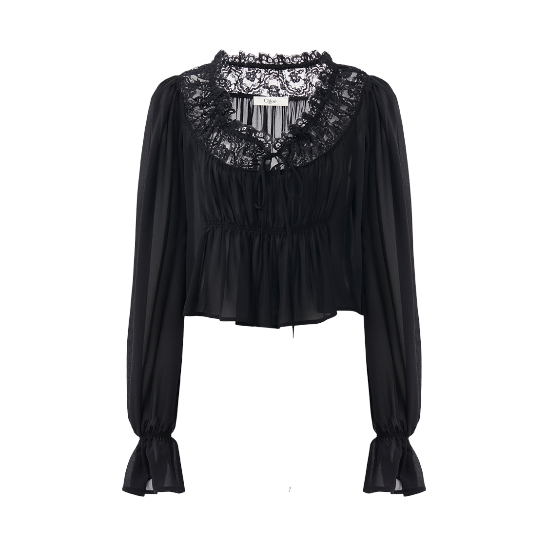 (W) 끌로에 실크 조제트 레이스 스쿱 넥 크롭 탑 블랙((W) Chloe Silk Georgette Lace Scoop Neck Cropped Top Black)