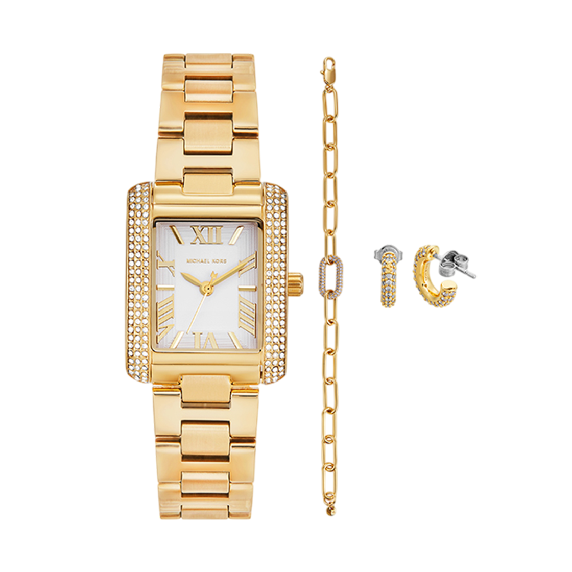 (W) 마이클 코어스 에머리 파베 시계 및 쥬얼리 기프트 세트 골드((W) Michael Kors Emery Pave Watch and Jewelry Gift Set Gold)