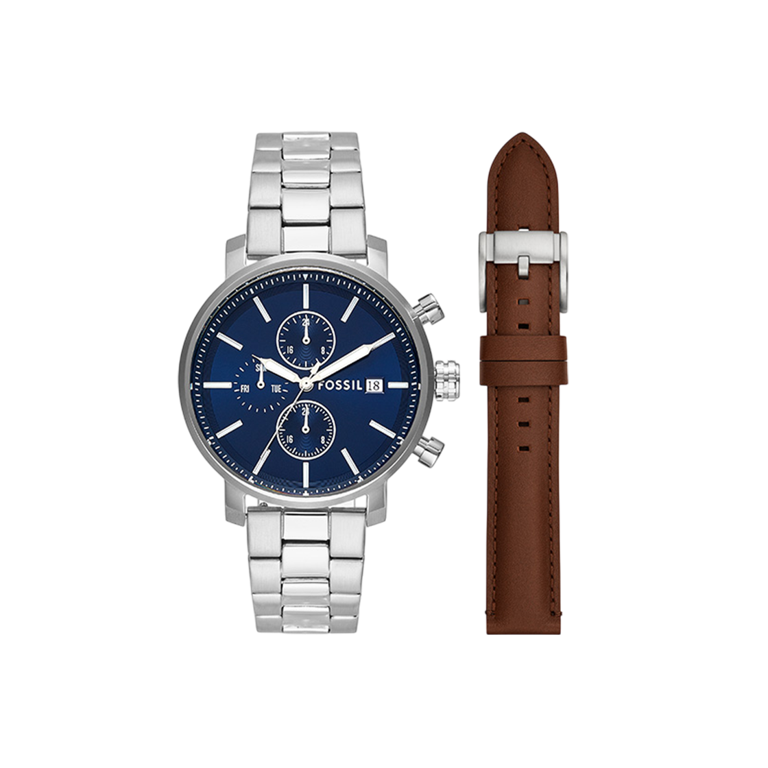 파슬 레트 멀티펑션 스테인리스 스틸 시계 및 스트랩 세트 실버 블루(Fossil Rhett Multifunction Stainless Steel Watch and Strap Set Silver Blue)