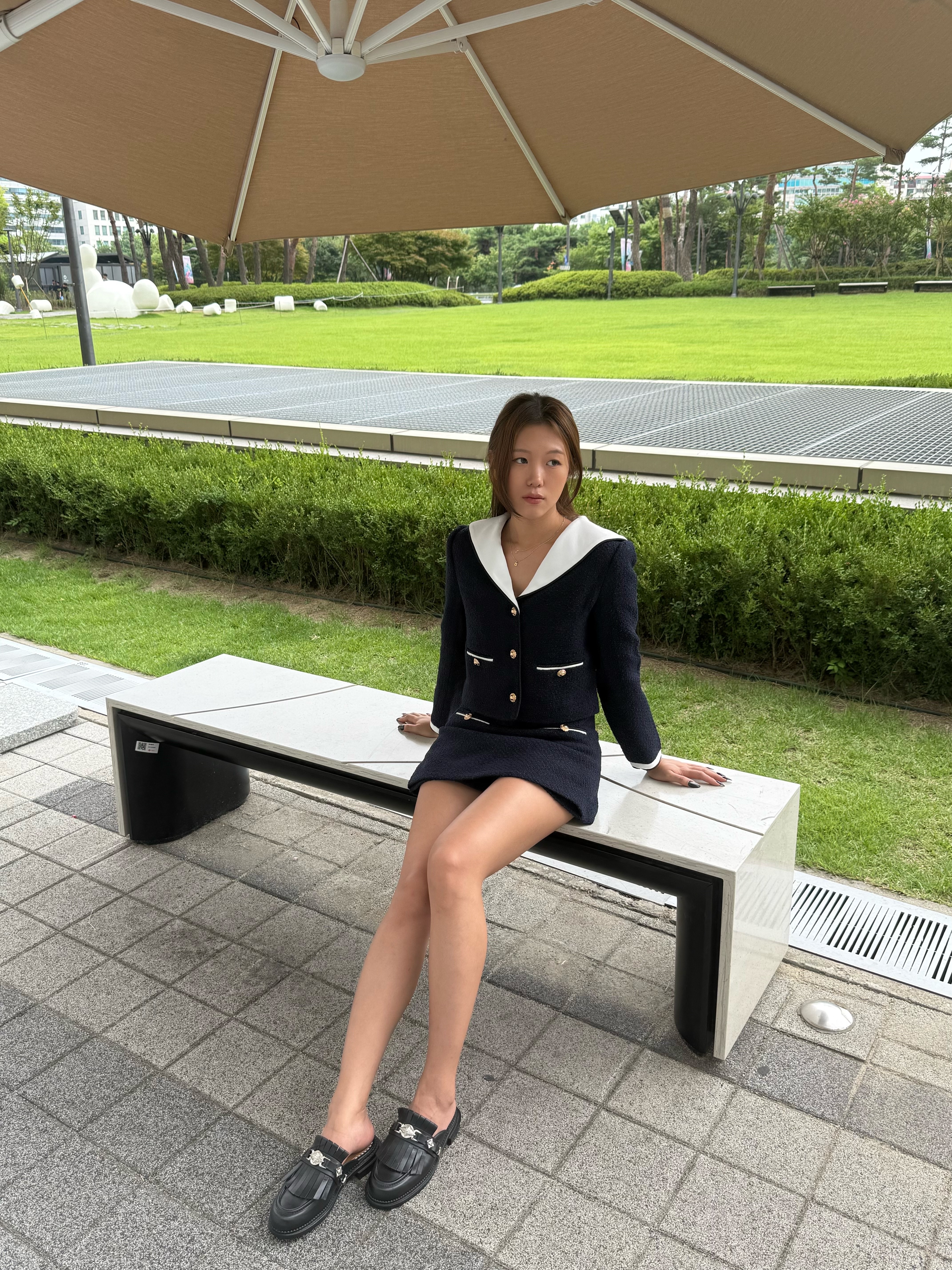 Self Portrait Women Boucle Contrast Collar Jacket Blue - 25FW, Self Portrait Women Boucle Skort Blue - 25FW 착용 스타일 - 1