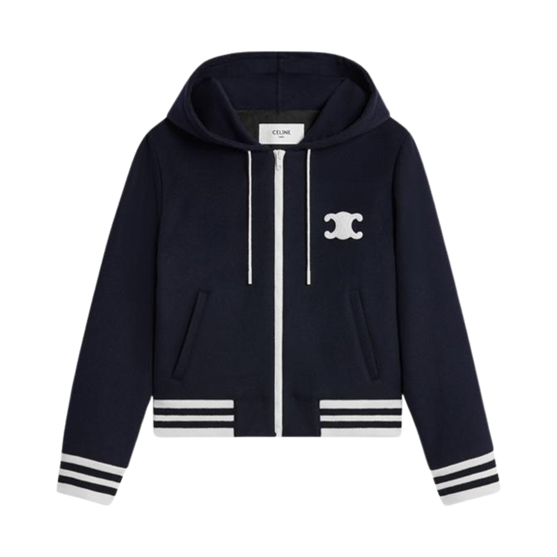 2W99C6700-07MR (W) Celine Triomphe Cashmere Hooded Jacket Navy