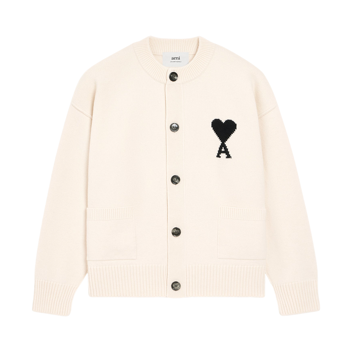 아미 빅 하트 로고 펠트 메리노 울 니트 가디건 오프 화이트 블랙(AMI de Coeur Cardigan in Felted Merino Wool Knit Off White Black) - 1
