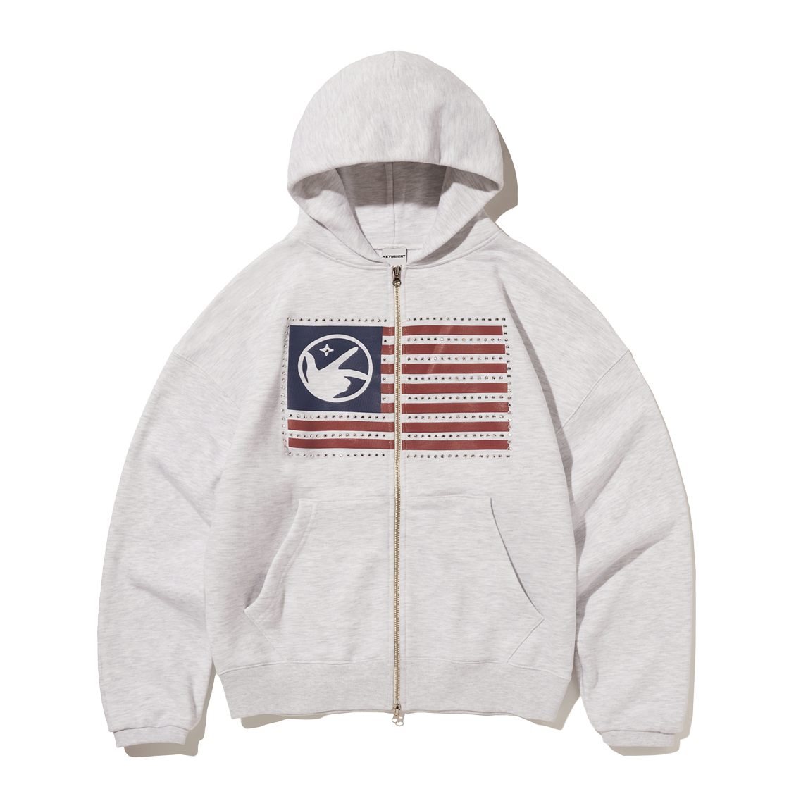 키미저리 핑거 로고 아메리카 크롭 후드 집업 라이트그레이(Keymisery Finger Logo America Crop Hood Zip-Up Light Gray)
