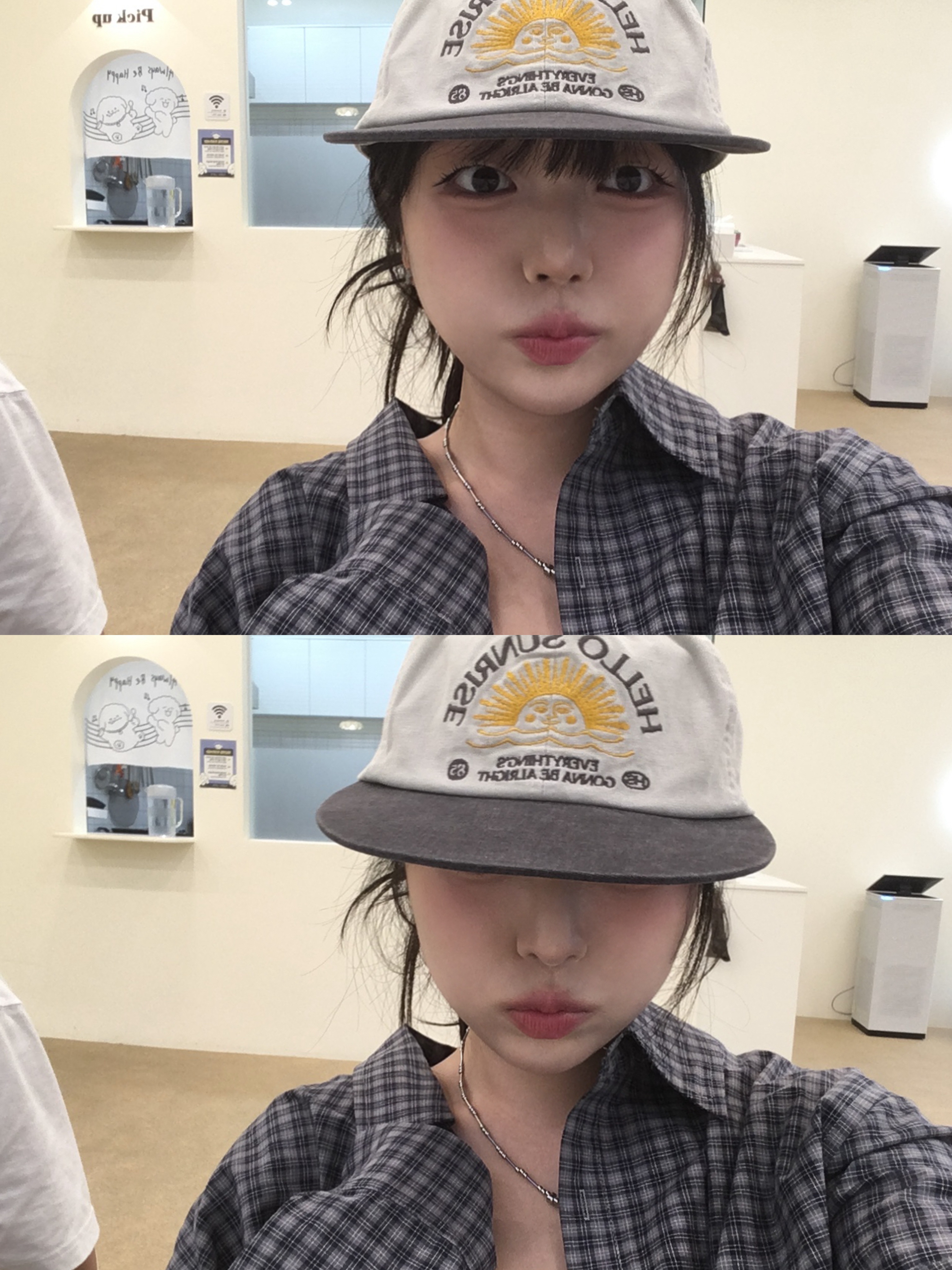 Hello Sunrise 90s Logo 6Panel Cap Beige & Navy 착용 스타일 - 1