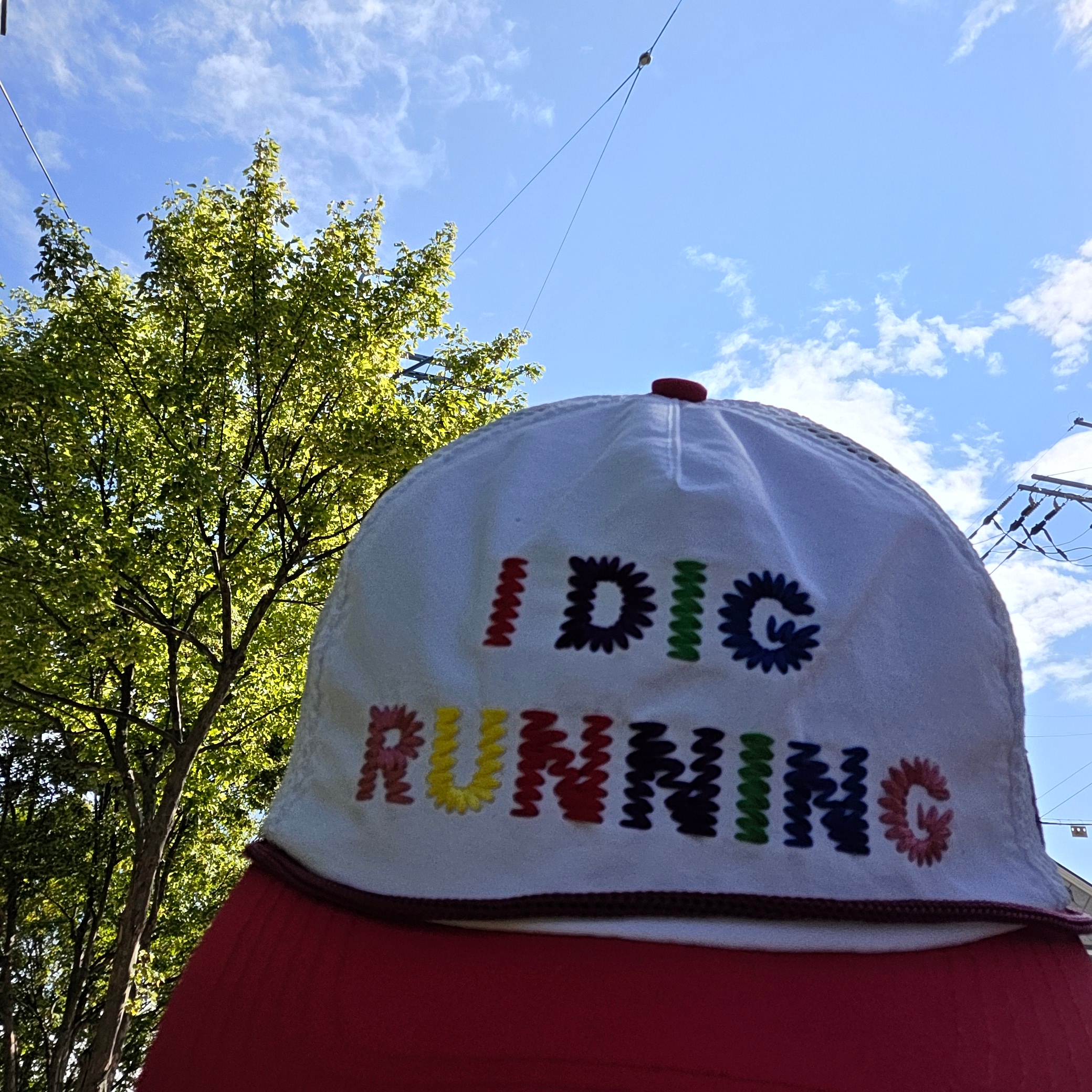 Alex Zono I Dig Running Rainbow Trucker Hat White Red 착용 스타일