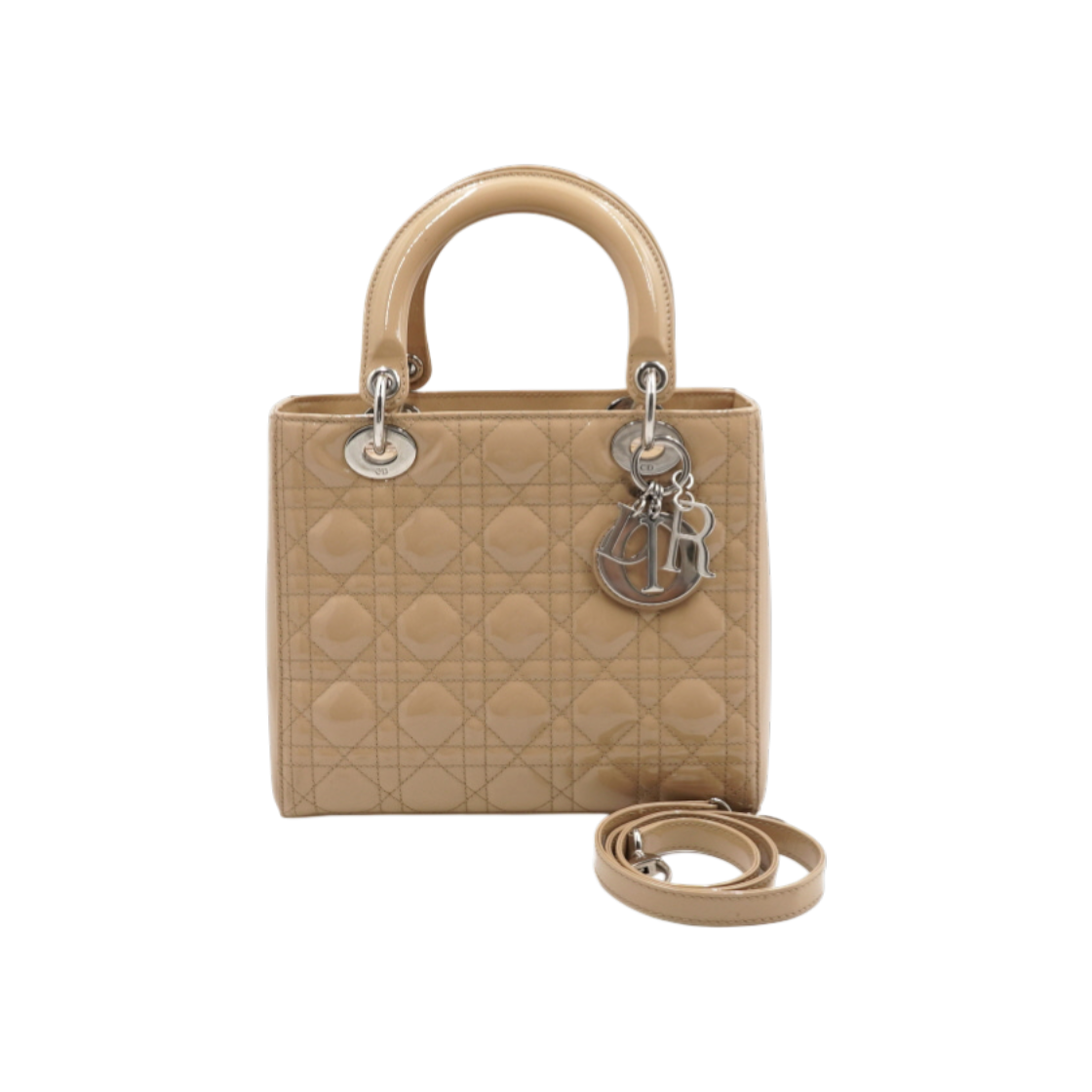 디올 베이지 페이던트 유광 레이디 디올 미디엄 까나쥬 토트백 겸 숄더백 aa52945