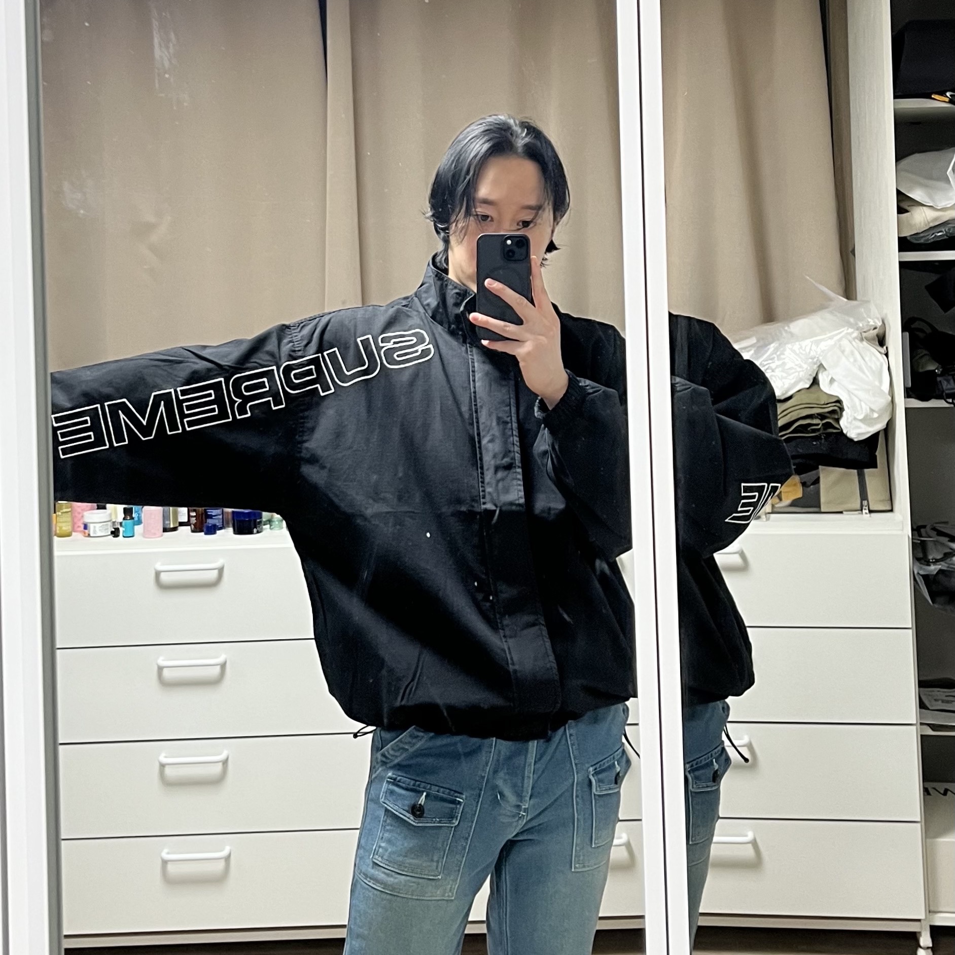 Supreme Spellout Embroidered Ripstop Track Jacket Black - 25FW 착용 스타일 - 2