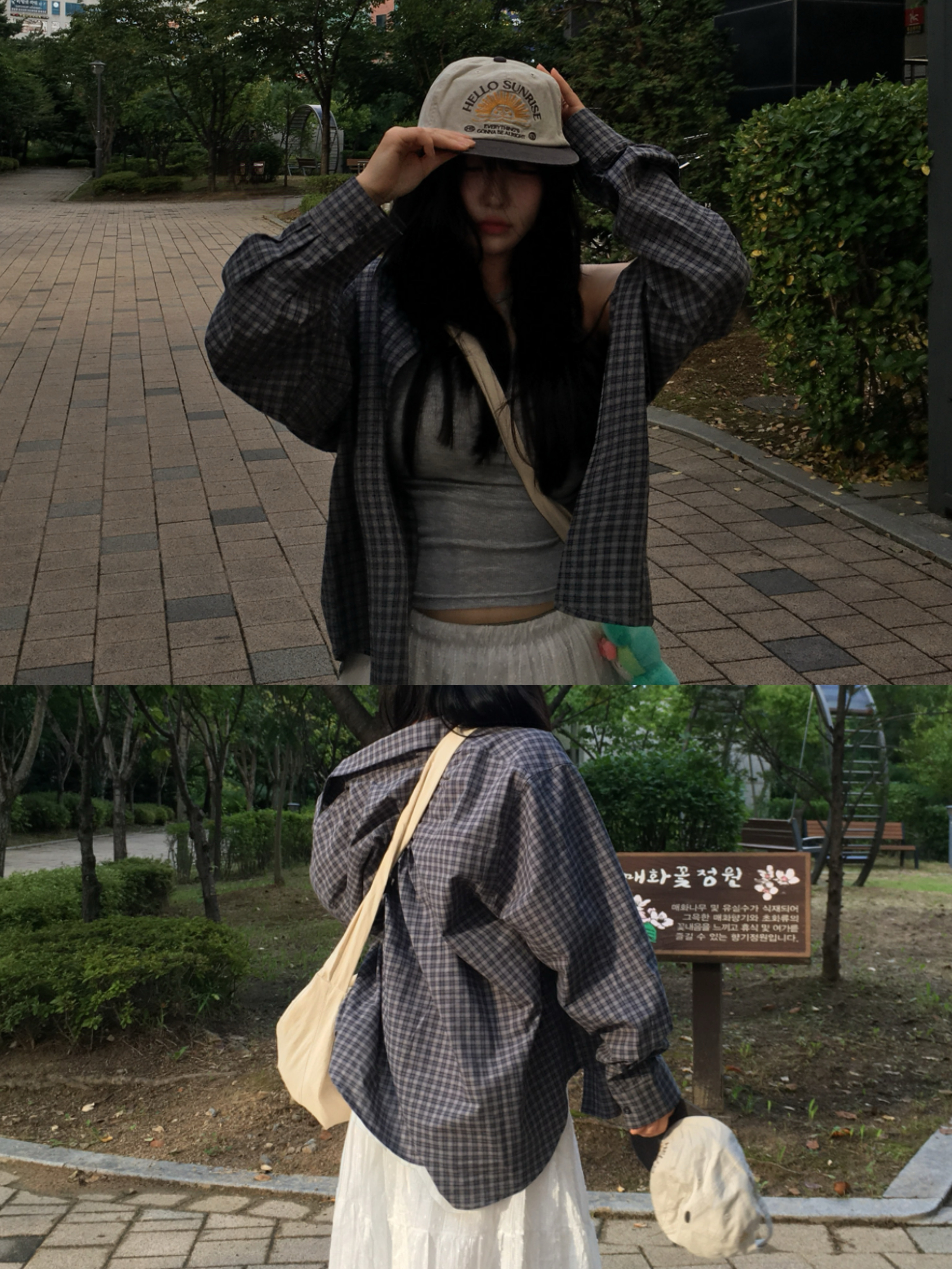 Hello Sunrise 90s Logo 6Panel Cap Beige & Navy 착용 스타일 - 4