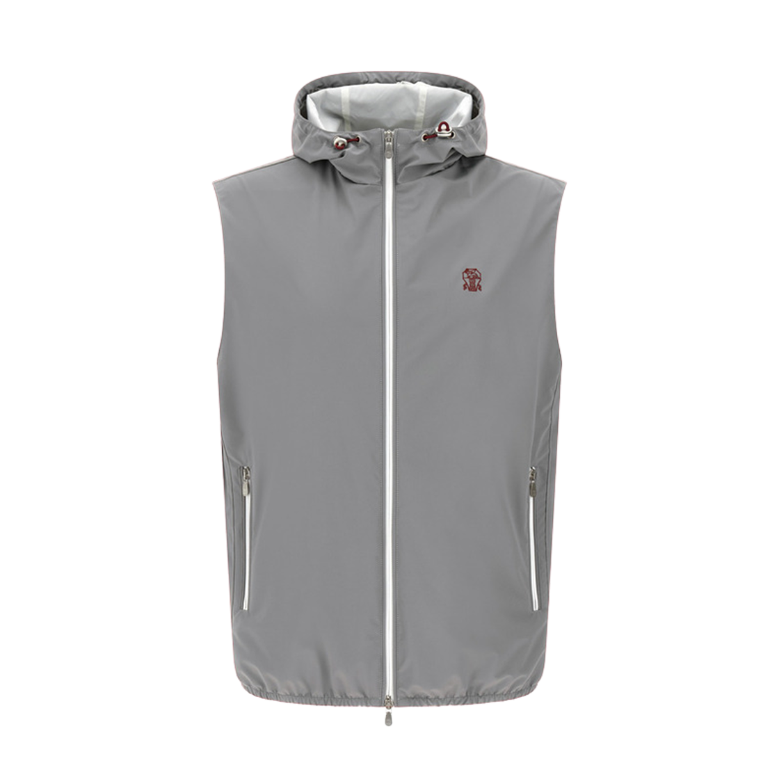 브루넬로 쿠치넬리 본디드 나일론 써모 패딩 로고 후드 베스트 그레이(Brunello Cucinelli Bonded Nylon Hooded Vest with Thermore Padding and Logo Grey)