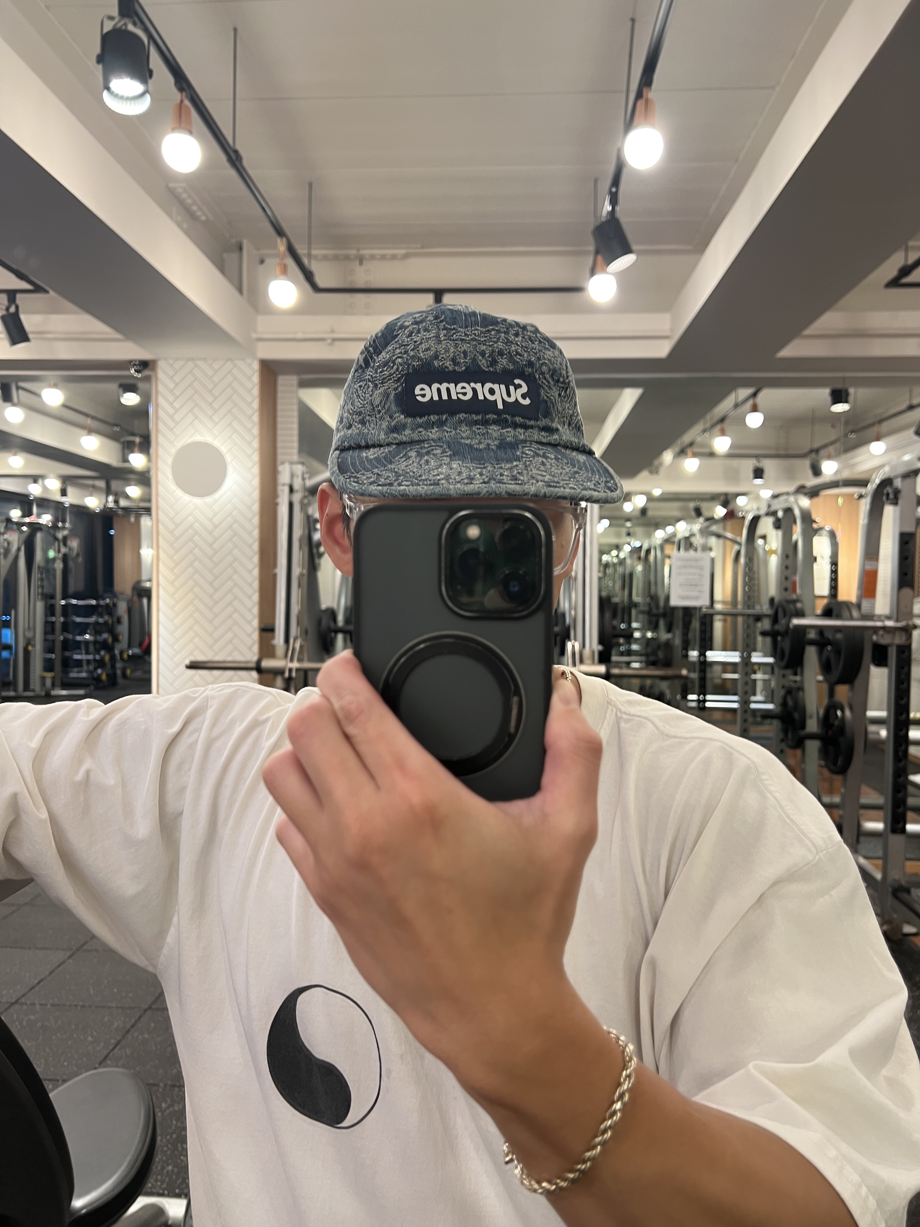 Supreme Bandana Jacquard Denim Camp Cap Blue - 25SS, Stussy x Our Legacy Work Shop Yin Yang Pigment Dyed T-Shirt Natural 착용 스타일