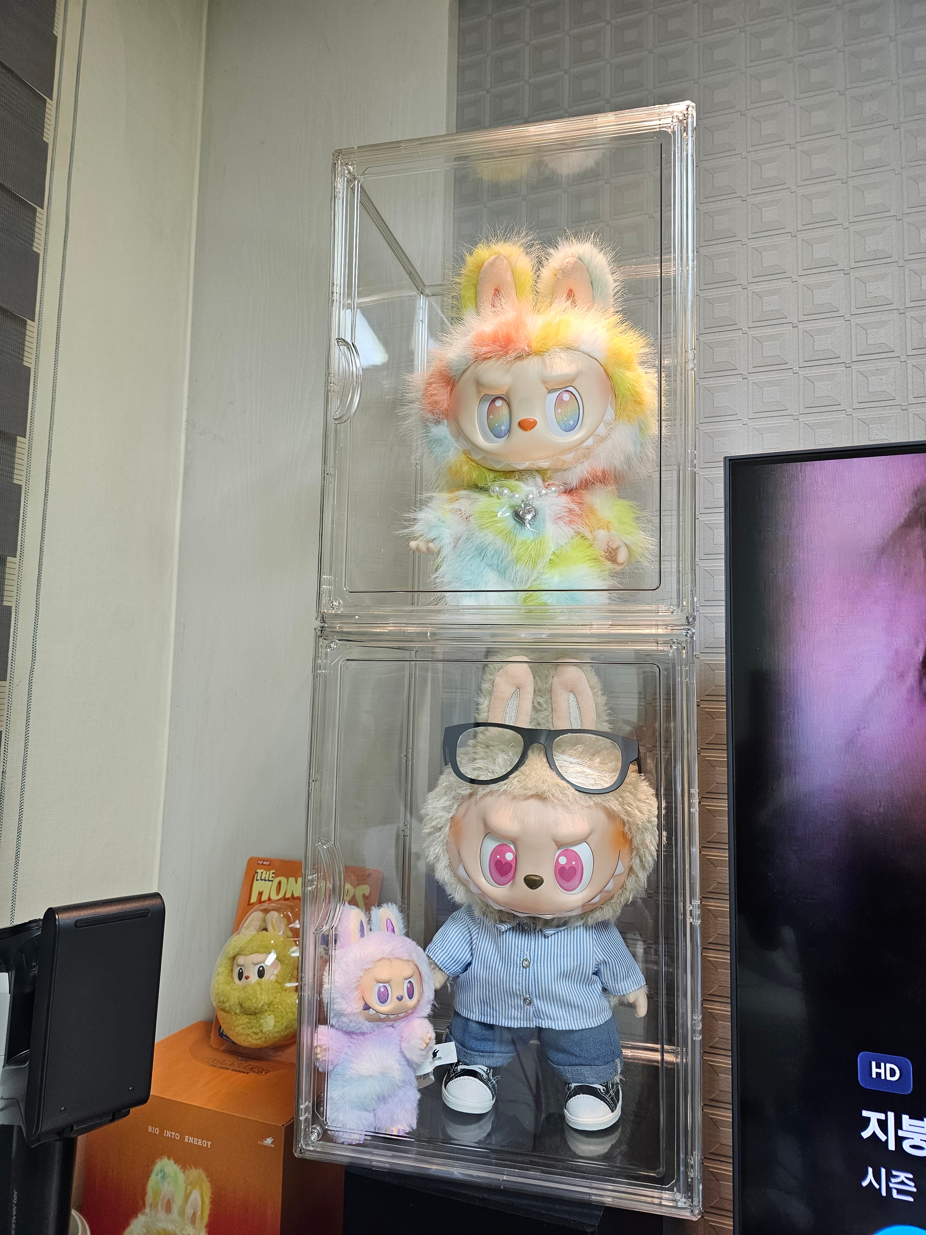 Pop Mart Labubu The Monsters Big Into Energy Series-Rock The Universe Vinyl Plush Doll, Pop Mart Labubu The Monsters Highlight Series Luck Keyring (Opened Case) 착용 스타일