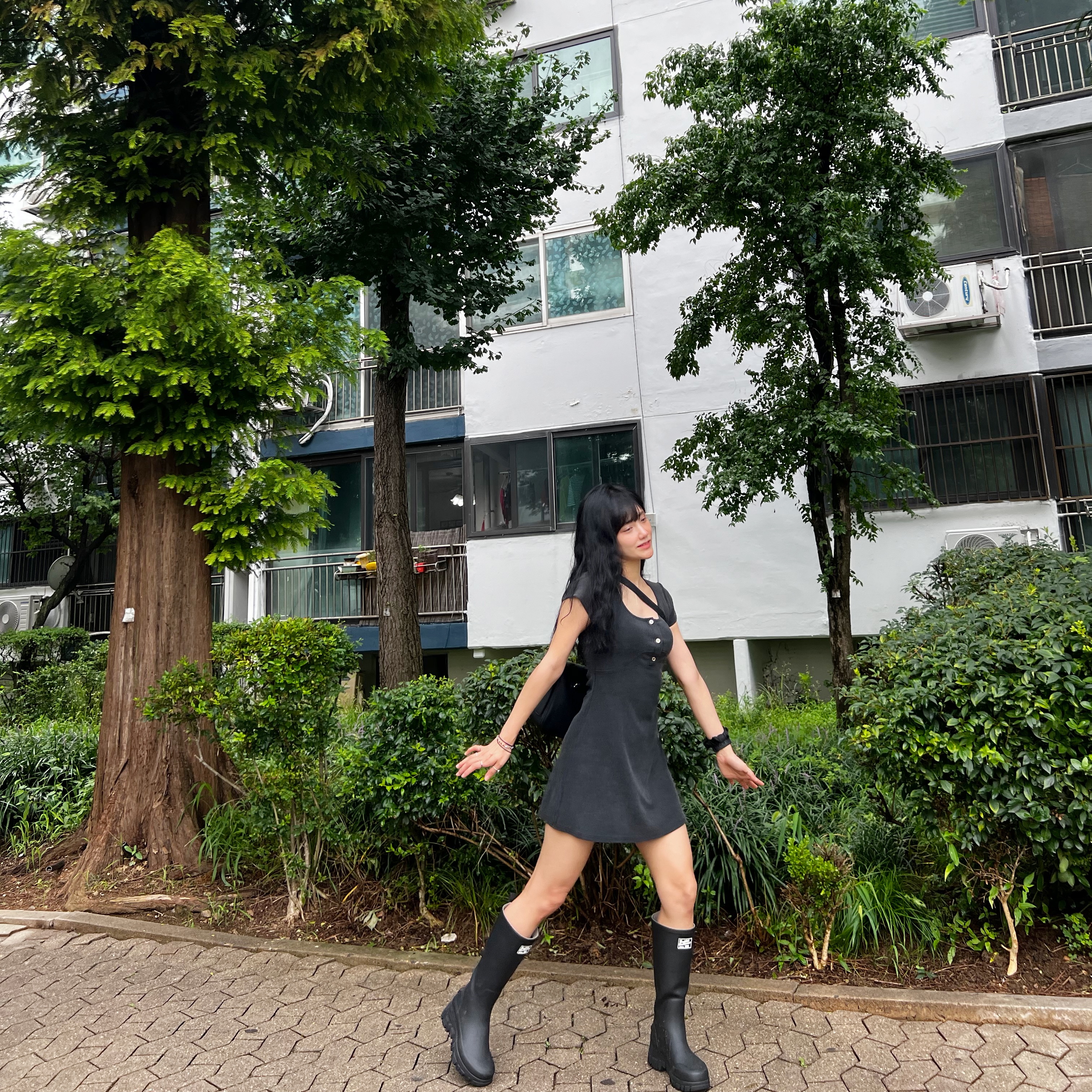 (W) Rockfishweatherwear Flatform Long Rain Boots Black 착용 스타일