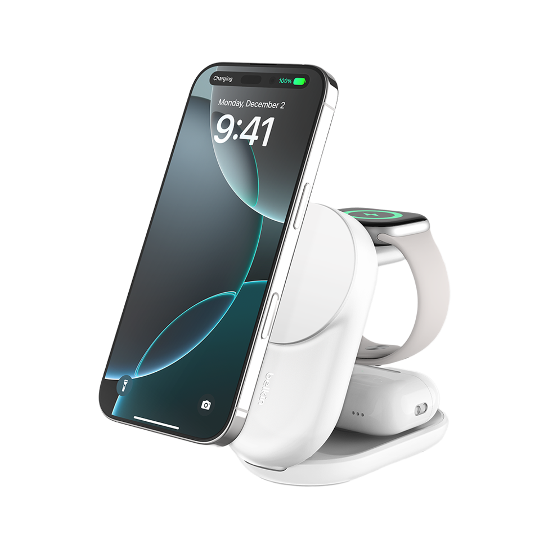 WIZ037krWH Belkin 3-in-1 Qi2 25W Magnetic Wireless Charger WIZ037kr White