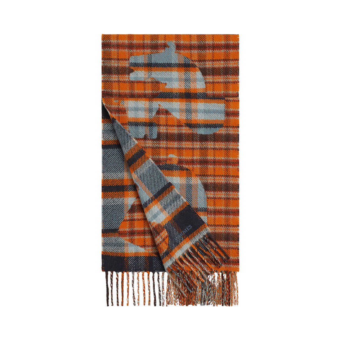 에르메스 에체크 오 로아 타탄 머플러 캐시미어 & 아브리꼬 퀴르 씨엘 블루 마린(Hermes Echec Au Roi Tartan Muffler Cashmere & Abricot Cuir Ciel Bleu Marine) - 1