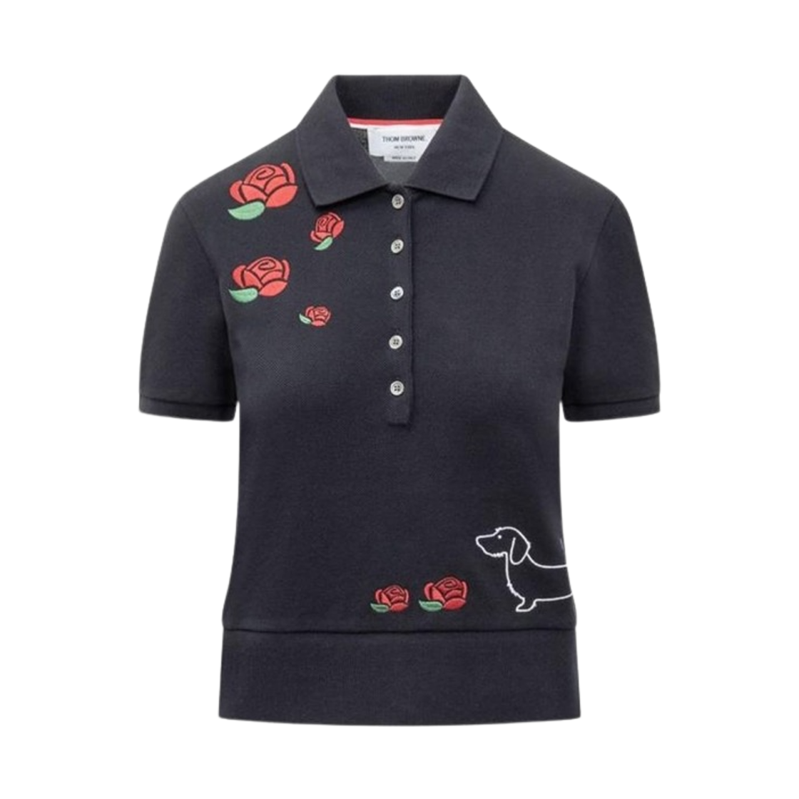(W) 톰브라운 립 커프 폴로 헥터 로즈 자수 클래식 셔츠 네이비((W) Thom Browne Rib Cuff Polo Hector Rose Embroidery Classic Shirt Navy) - 1