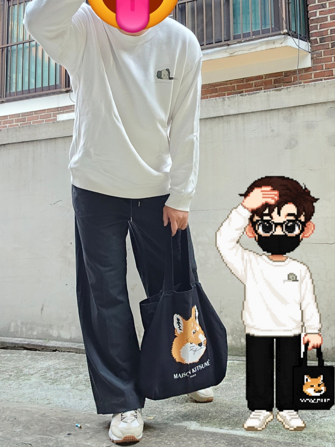 Uniqlo UT x Kaws Long Sleeve Sweatshirt Off White, Nike x Jacquemus Air Humara LX Light Bone and Gold 착용 스타일