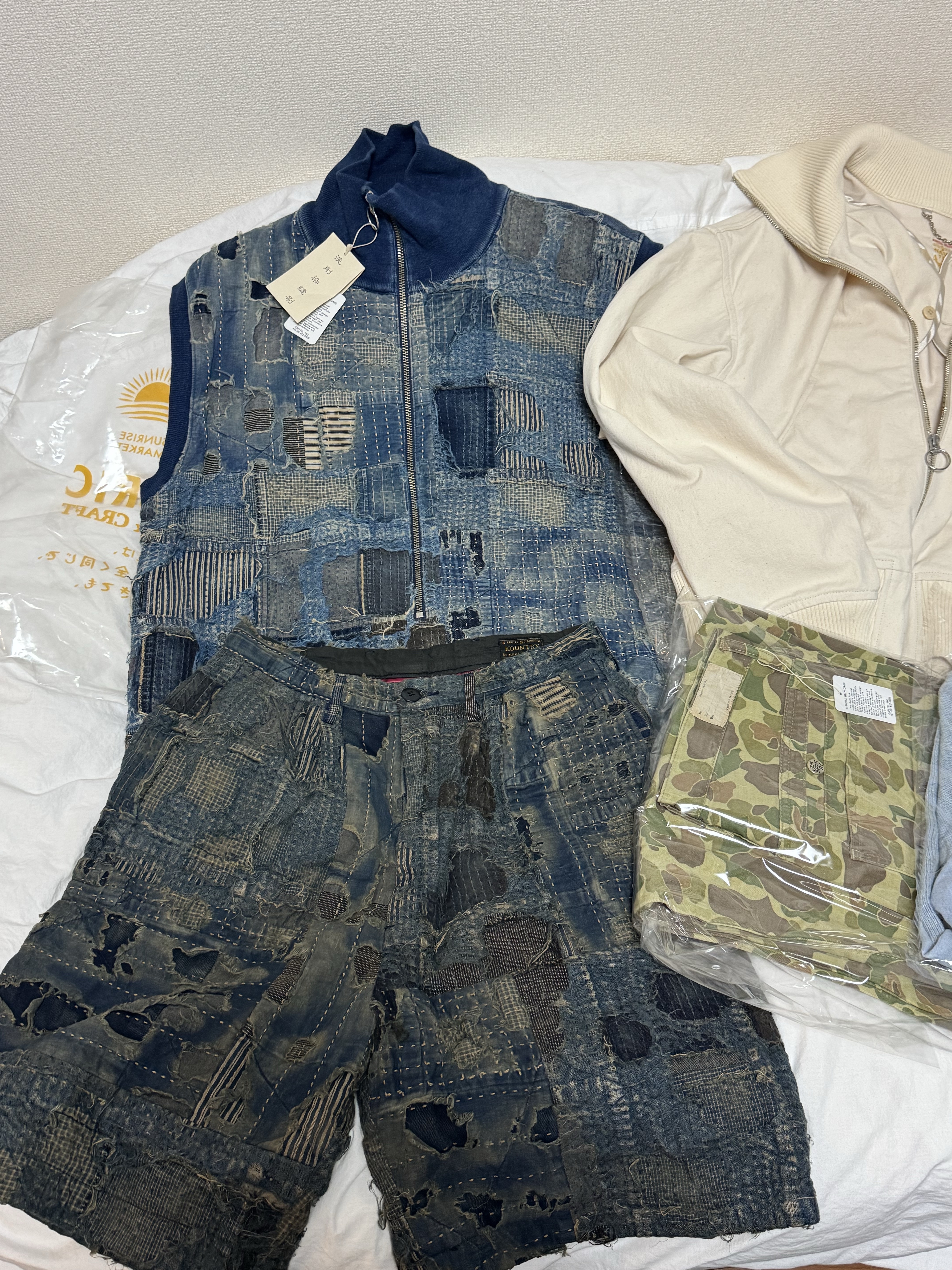 Kapital Boro Ivy Shorts Indigo, Kapital Hunter Camouflage Herringbone Port Baggy Pants Hunter Camouflage 착용 스타일 - 2