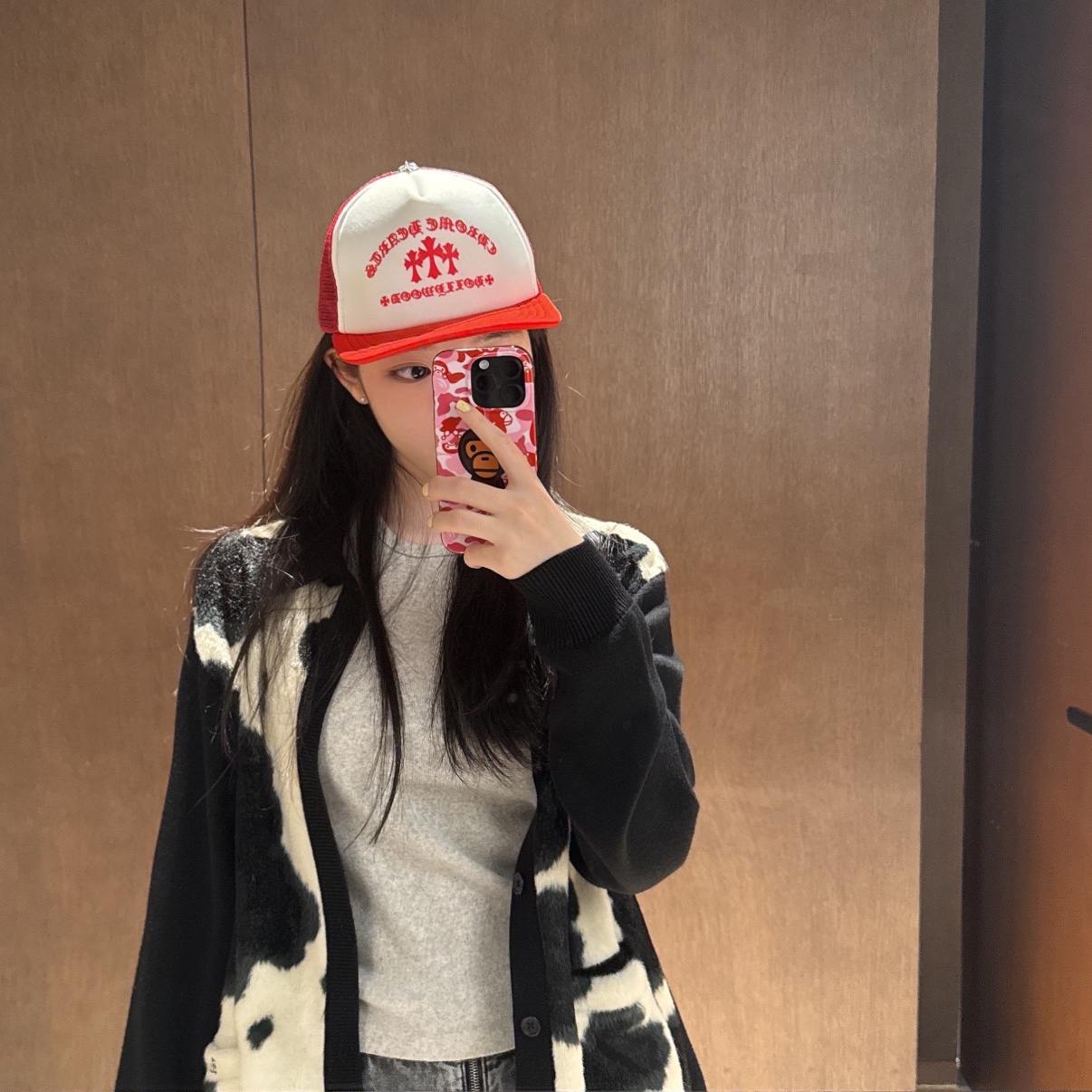 Chrome Hearts King Taco Foam Front Mesh Trucker Hat Red, Supreme Cow Print Cardigan Black - 21FW 착용 스타일